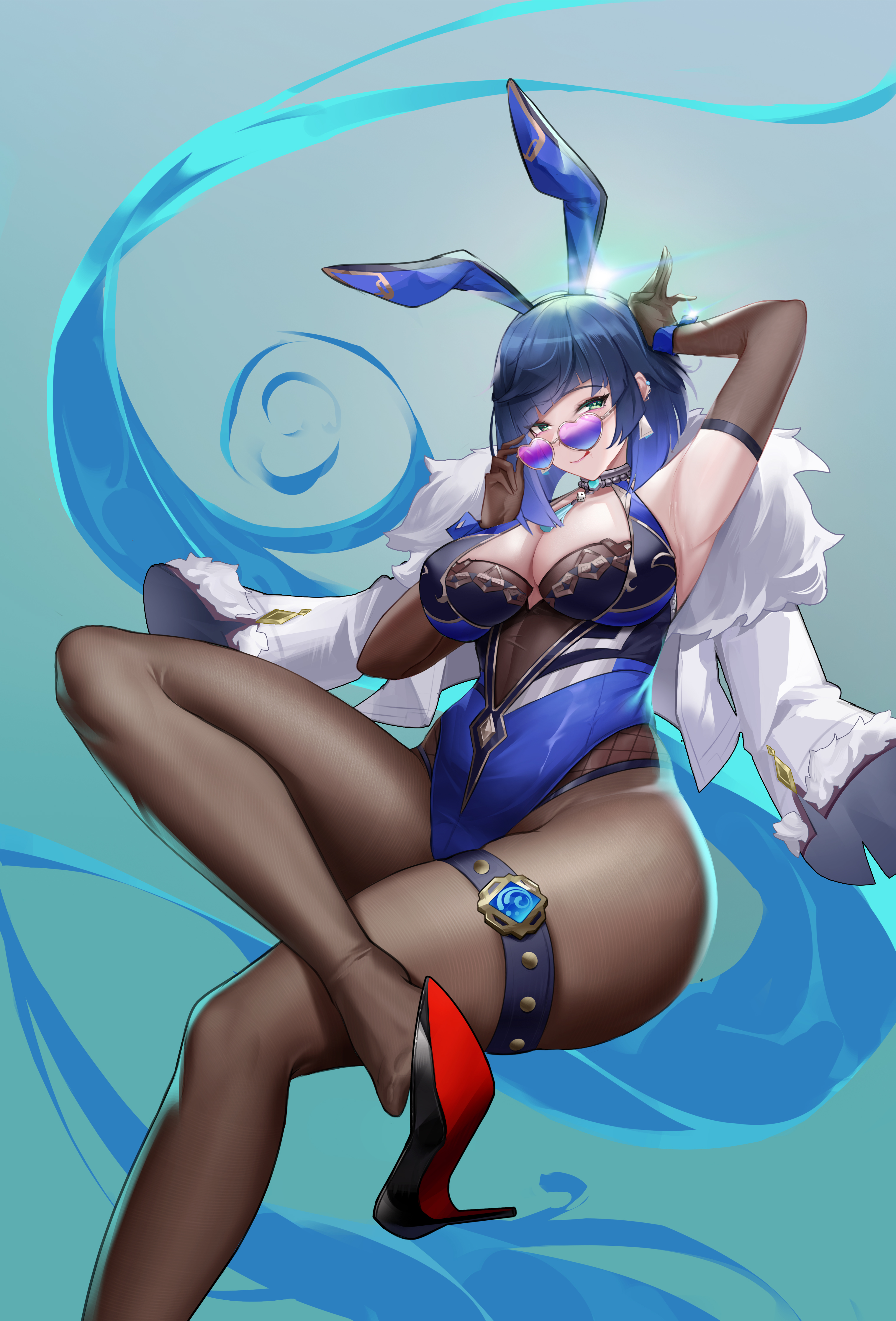 1girls, armpits, armwear, big breasts, blue hair, breasts, bunny ears, che dapao, cleavage, clothing, earrings, elbow gloves, fake animal ears, feet, female, female only, genshin impact, gloves, green eyes, hand behind head, heart glasses, heels, hi res, high heels, highres, huge breasts, jacket, leggings, legwear, leotard, lips, mature, mature female, pantyhose, purple lips, purple lipstick, shoe dangle, smile, solo, solo female, thick thighs, thighs, tongue, tongue out, yelan (genshin impact)