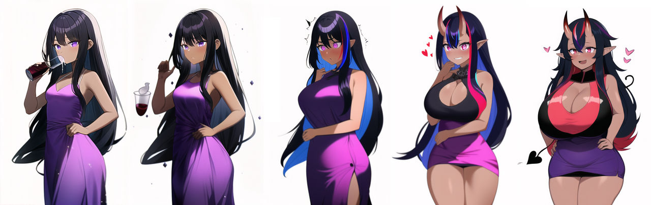 ai generated, ass, ass expansion, breast expansion, breast growth, breast growth (enlargement), breasts, cleavage, corruption, dark skin, dark-skinned female, demon, demon girl, demon horns, demon tail, female, female only, hair color change, hair growth, huge ass, huge breasts, nai diffusion, original, pointy ears, stable diffusion, succubus, thick thighs, thigh expansion, transformation, transformation sequence, voluptuous, wide hips