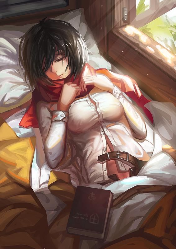 1girls abs attack_on_titan belt black_hair book breasts buttoned_shirt clothed female female_only laying_down laying_on_back laying_on_bed light-skinned_female light_skin mikasa_ackerman peaceful red_scarf saber_01 sleeping sunlight window