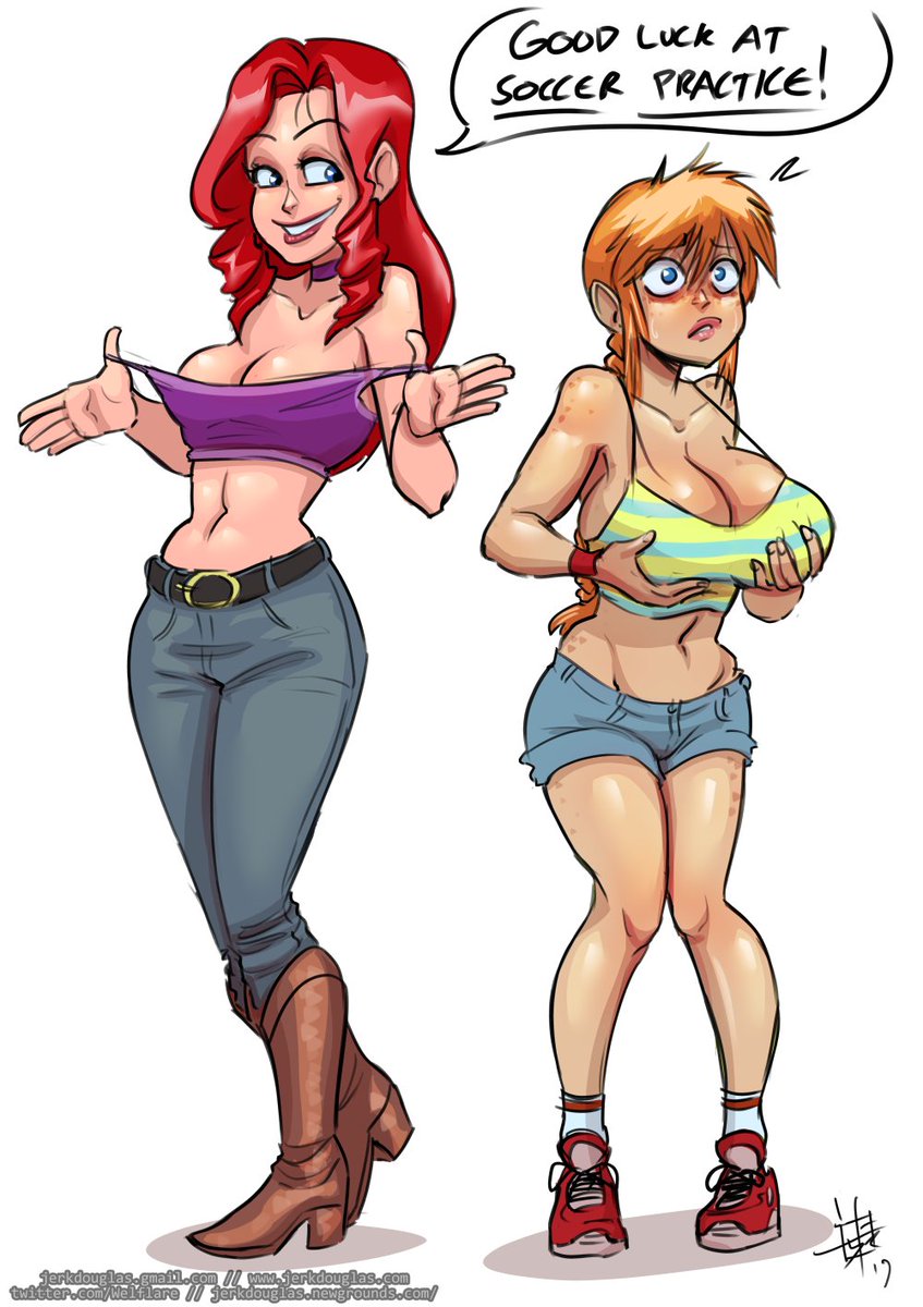 2girls attribute_swap big_breasts bra breasts female female_only freckles gardnerverse jerkdouglas marty_gardner orange_hair red_hair sam_gardner