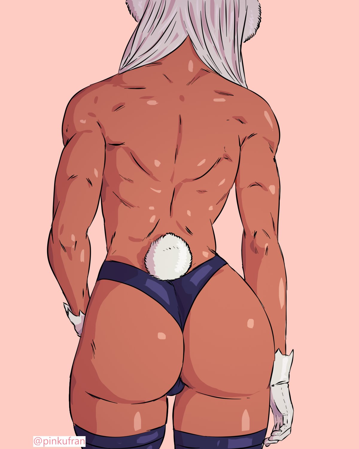 1girls armwear ass ass_focus back back_muscles back_view big_ass bottomwear bunny_tail dat_ass female female_only gloves huge_ass legwear miruko my_hero_academia pinkufran rumi_usagiyama solo solo_female tail thick_thighs thighs thong white_hair