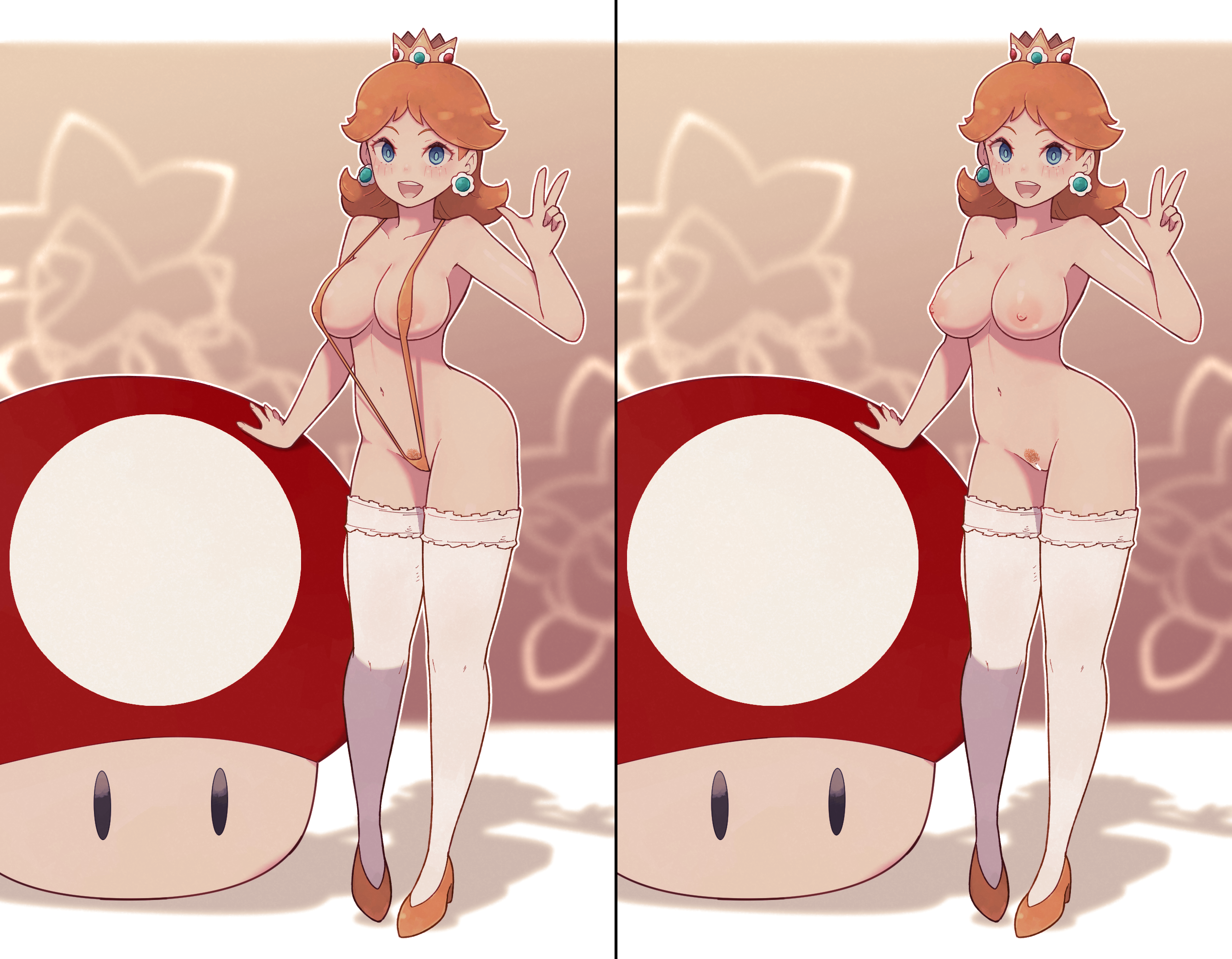 blue eyes, brown hair, completely nude, crown, earrings, female, lamb-oic029, mario (series), mostly nude, mushroom, naked footwear, nintendo, nude, princess daisy, pubic hair, sling bikini, solo, super mario bros.
