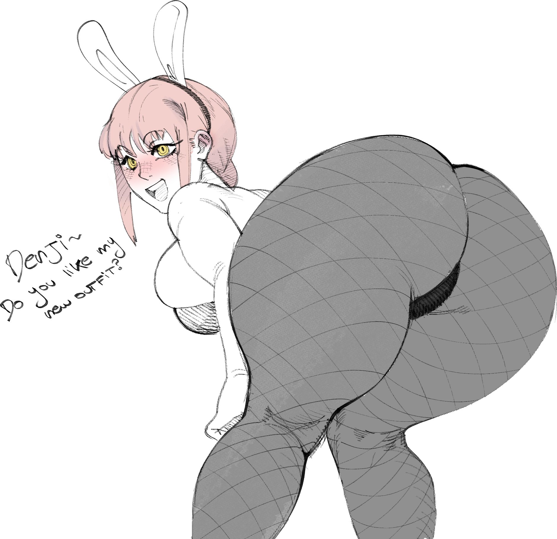 1girls, ass, ass focus, big ass, big breasts, blush, braided hair, breasts, bunny ears, bunnysuit, chainsaw man, english text, female, female only, kneepits, leotard, long hair, makima (chainsaw man), nocturne nsfw, pantyhose, red hair, solo, text, thick thighs, thighs, yellow eyes