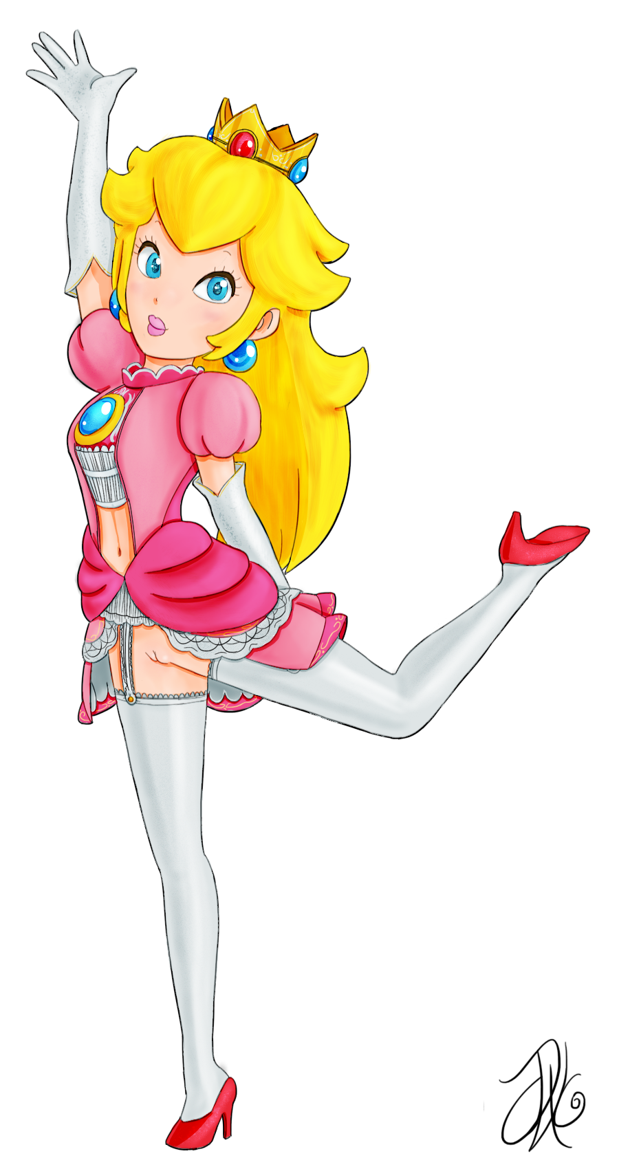 blonde_hair blue_eyes crown earrings female garter_straps heels long_hair mario_(series) nintendo princess_peach pussy rasenxoru smile solo super_smash_bros. thighhighs transparent_background white_gloves white_legwear