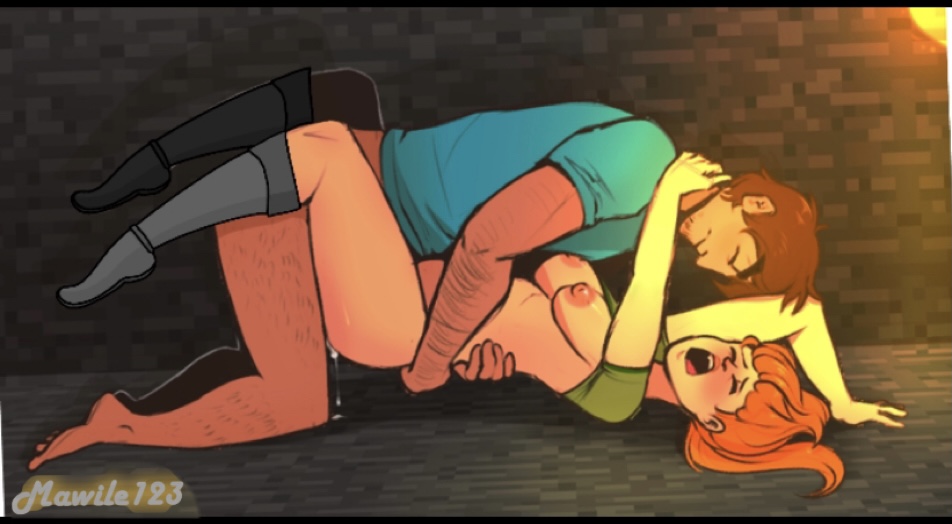 alex (minecraft), blush, boots, bottomless, breasts, brown hair, cave, closed eyes, fanon couple, female, male, male/female, mawile123, minecraft, naked, open mouth, orange hair, sex, shirt lift, steve (minecraft), straight