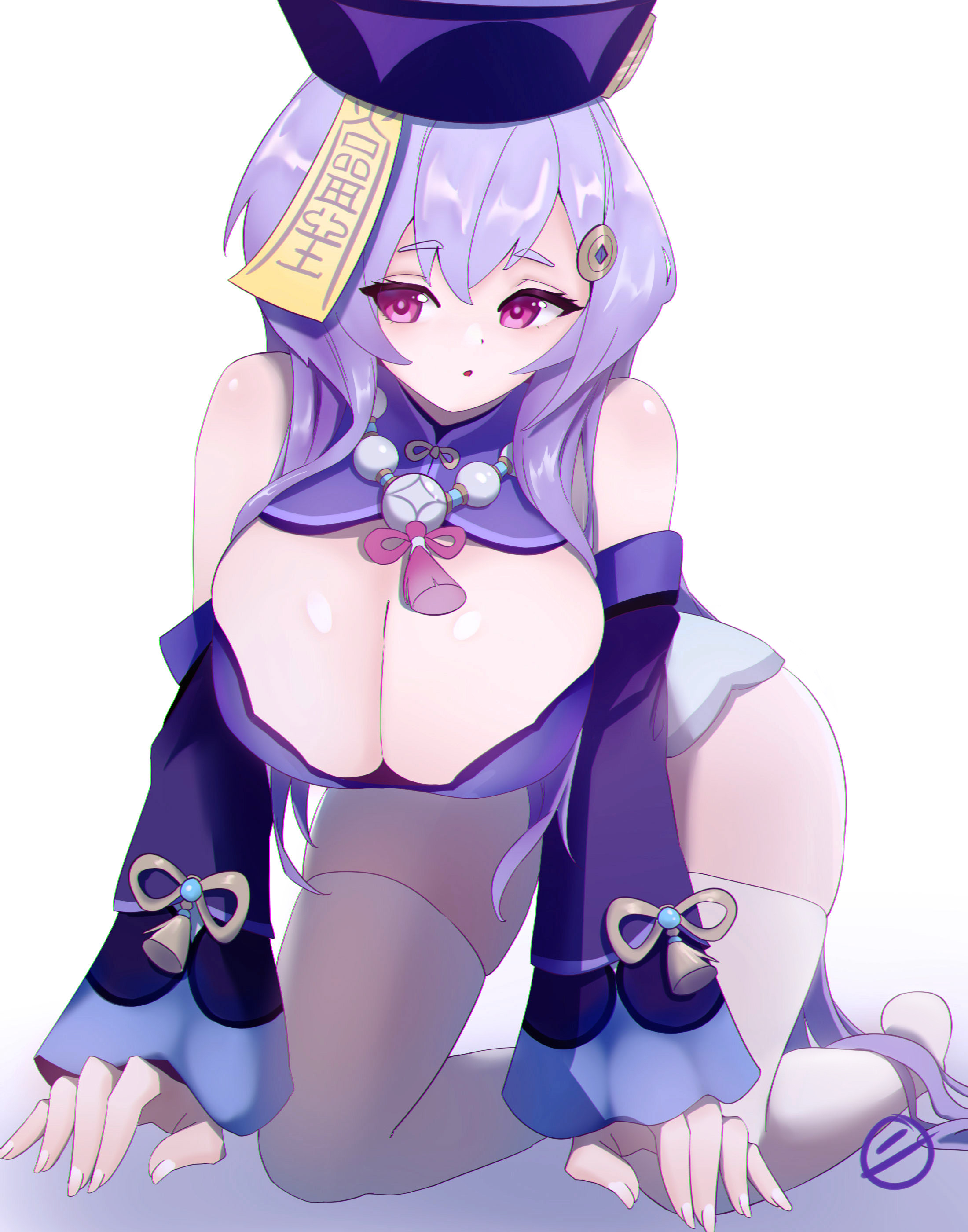 big breasts, breasts, busty, cleavage, female, genshin impact, huge breasts, jrpuls3, large breasts, qiqi (genshin impact), sagging breasts, stockings, thick thighs, thighs, white stockings