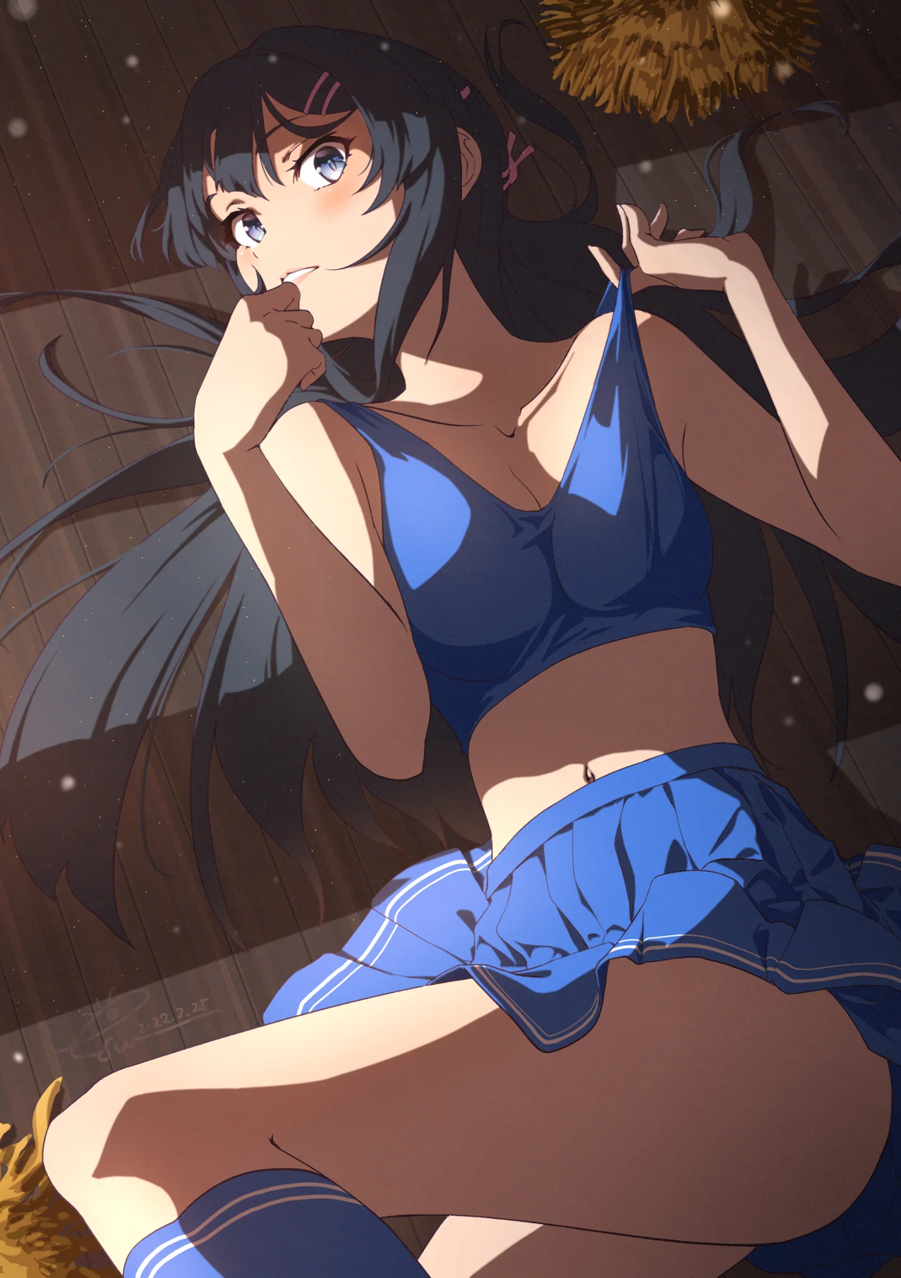 1girls, black hair, blue eyes, cheerleader uniform, female, female only, hair ornament, lying, lying on floor, navel, sakurajima mai, seishun buta yarou wa bunny girl senpai no yume wo minai, solo female