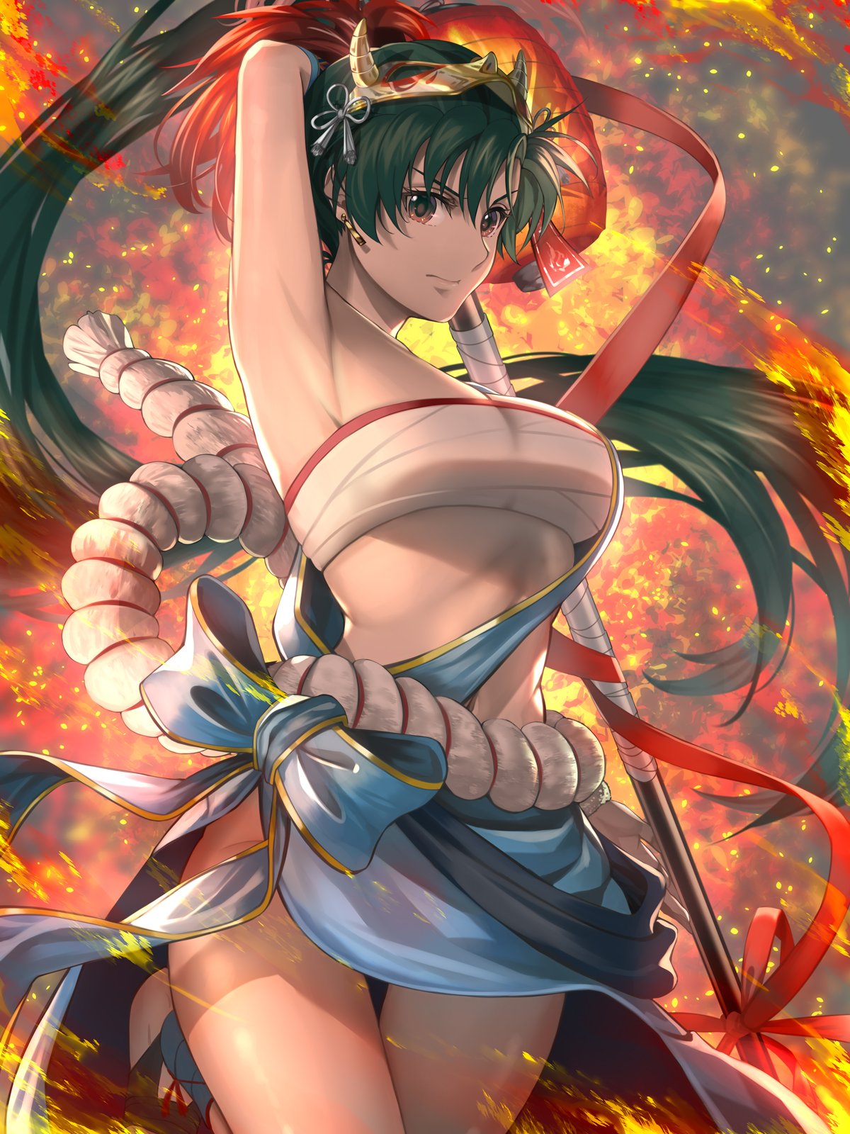 1girls alternate_costume armpits bandeau bangs bow breasts chest_sarashi closed_mouth delsaber earrings female female_only fire fire_emblem fire_emblem:_the_blazing_blade fire_emblem_heroes gold_trim grey_hair hair_ornament high_ponytail highres holding holding_weapon japanese_clothes jewelry leg_up lips long_hair lyn_(fire_emblem) lyn_(flame)_(fire_emblem) mask mask_on_head medium_breasts nintendo official_alternate_costume polearm rope sarashi shiny shiny_hair shiny_skin simple_background strapless thighs tube_top weapon