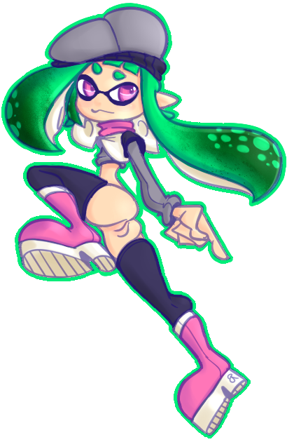 black_legwear bottomless female green_hair hat inkling large_breasts mask nintendo no_panties pink_eyes pointy_ears pussy rasenxoru splatoon transparent_background