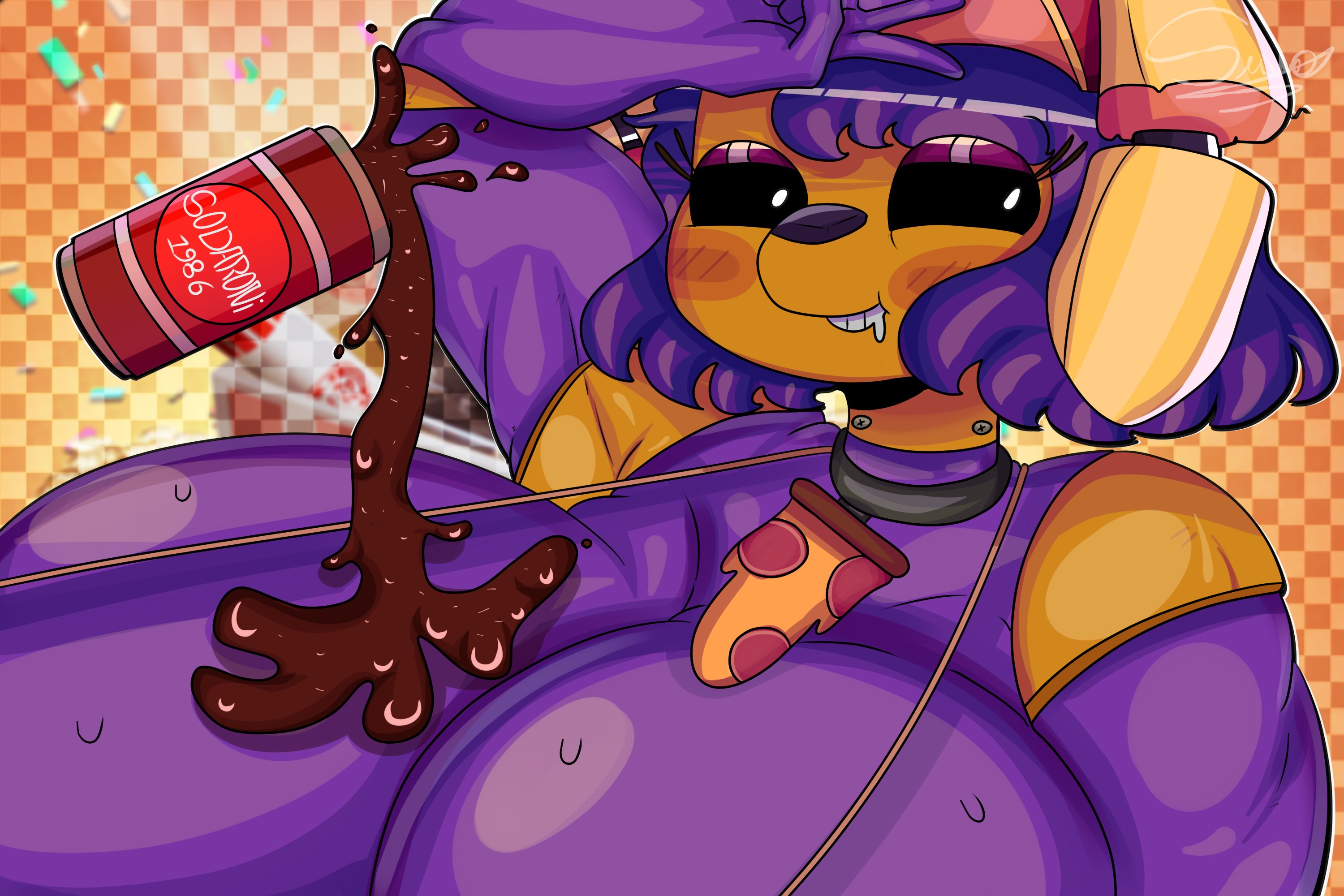 breasts, breasts bigger than head, female, five nights at freddy's, huge breasts, mask, masked, masked female, purple hair, rule 63, soda, solo, solo female, spring bonnie, spring bonnie (fnaf), suwodirector, wendy afton, william afton