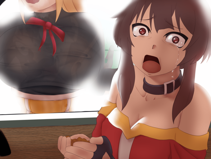 big breasts, breasts, crying, darkness (konosuba), female, kono subarashii sekai ni shukufuku wo!, megumin, meme, window, woman scared of breasts (meme)