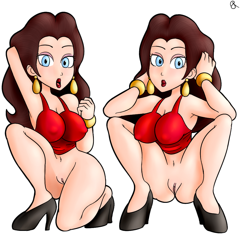 blue_eyes bottomless bracelet brown_hair earrings eyelashes female heels large_breasts lipstick mario_(series) multiple_views nintendo pauline pussy rasenxoru solo squatting straight_hair transparent_background