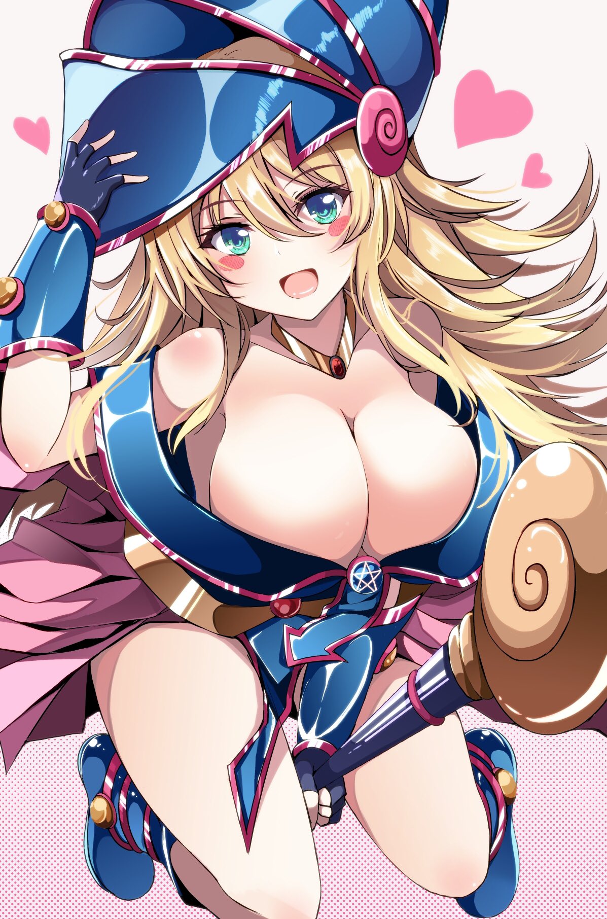 1girls armpits arrow big_breasts blonde blonde_hair blue blush blushes blushing bracelet bracelets breasts busty cleavage dark_magician_girl deep_cleavage dress duel_monster eyebrows eyebrows_visible_through_hair eyelashes female female_only fingerless_gloves fingers flying gem gems gemstone gemstones gloves gold gold_buttons gold_jewelry gown green_eyes hand_on_hat happy hat heart hearts highres holding_object holding_staff jewelry large_breasts leaning_forward legs long_hair looking_at_viewer magical_girl magical_staff magician_hat monster mouth_open necklace pentagram pink polka_dot_background purple red red_gemstone riding solo solo_female spellcaster straps_off_shoulders thighs tongue voluptuous witch_hat wizard_hat yellow_hair yu-gi-oh!