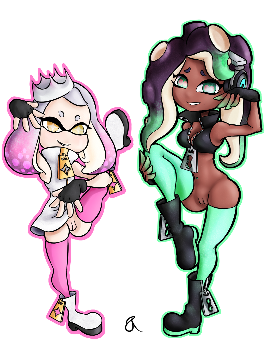 2girls boots crown dark-skinned_female female female_only fingerless_gloves gloves large_breasts light-skinned_female long_hair marina_(splatoon) multiple_girls nintendo pearl_(splatoon) pussy rasenxoru smooth_skin splatoon thighhighs transparent_background zipper