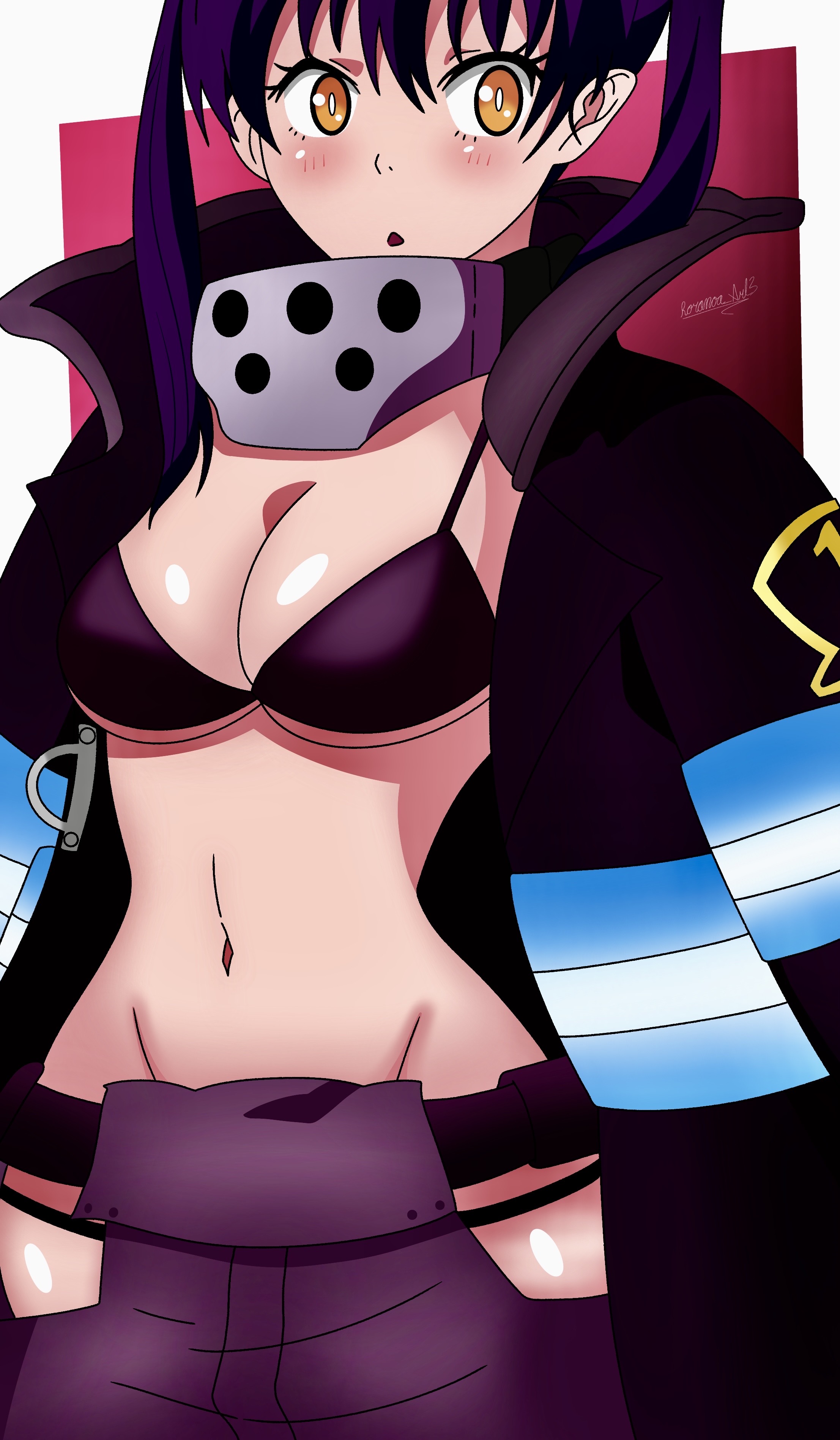 1girls, absurdres, big breasts, bikini, bikini top only, blush, breasts, busty, cleavage, curvy, enen no shouboutai, female, female only, fire force, hi res, kotatsu tamaki, large breasts, legs, midriff, navel, open mouth, pants, purple hair, swimsuit, thighs, twintails, yellow eyes