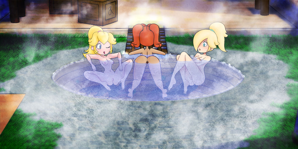 3girls alternate_hairstyle blonde_hair female female_focus large_breasts long_hair mario_(series) multiple_girls nintendo princess_daisy princess_peach princess_rosalina rasenxoru steam straight_hair super_mario_bros. super_mario_sunshine twintails