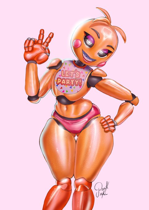 animatronic anthro female_only five_nights_at_freddy's holding_hips looking_at_viewer pankekes panties peace_sign robot robot_girl simple_background smile thick_thighs toy_chica_(fnaf)