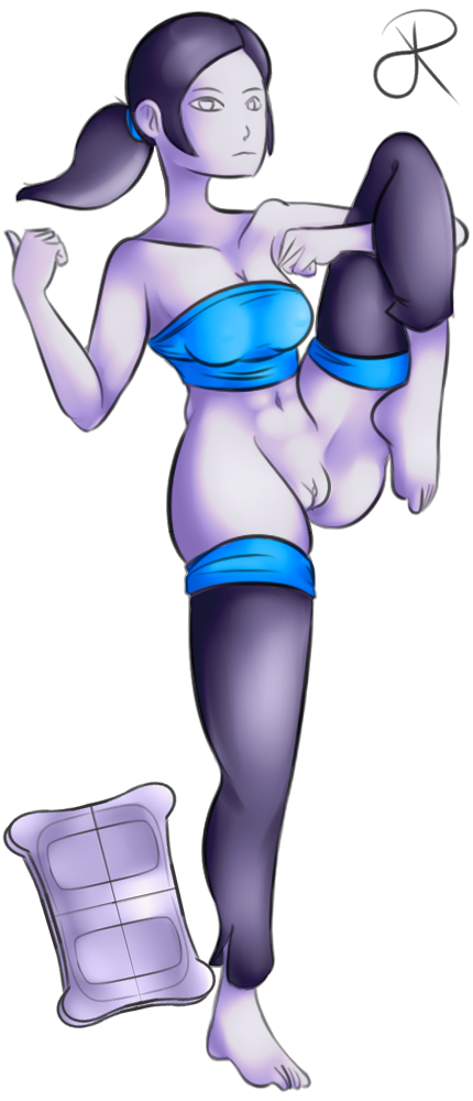 female frown grey_hair one_leg_up ponytail rasenxoru solo standing_on_one_leg thighhighs transparent_background white_skin wii_balance_board wii_fit wii_fit_trainer