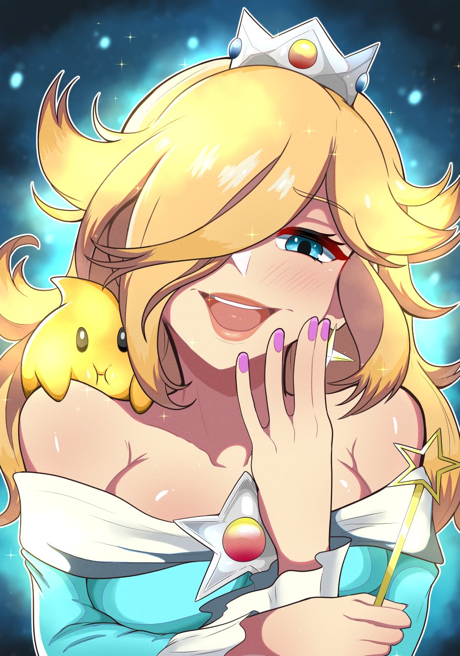 blonde hair, blush, breasts, female, looking at viewer, luma, mario (series), naughty face, princess rosalina, super mario galaxy