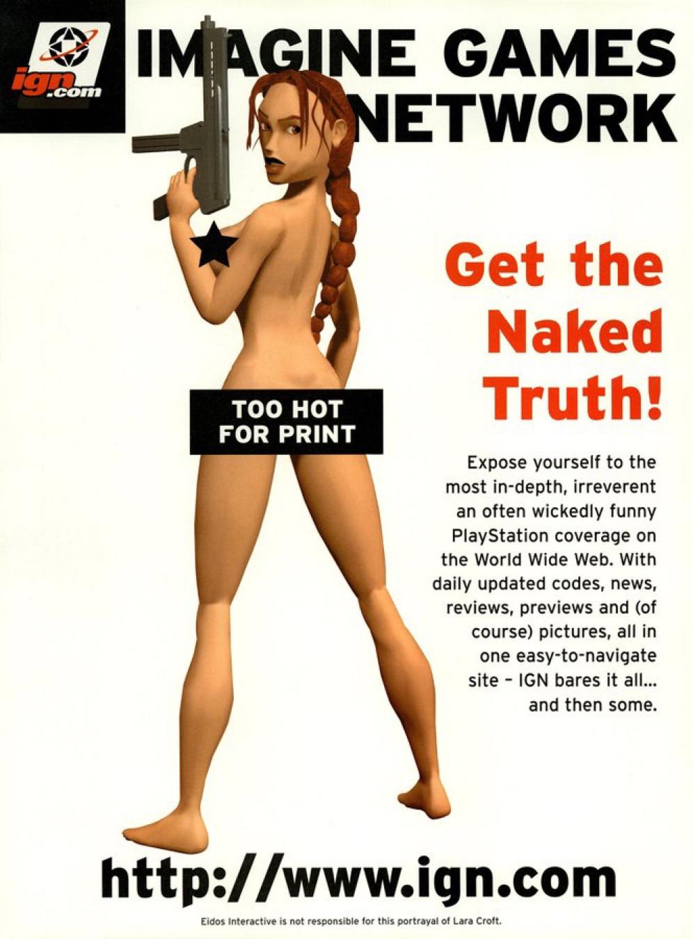 1girls 3d advertisement ass barefoot braided_hair breasts casual censored completely_nude eidos female female_only firearm gun human ign lara_croft lara_croft_(classic) magazine magazine_scan nude official_art pale_skin solo submachine_gun tomb_raider weapon