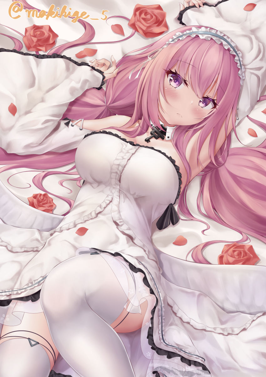 1girls absurdres azur_lane bangs bare_shoulders bedsheets dress highres makihige perseus_(azur_lane)