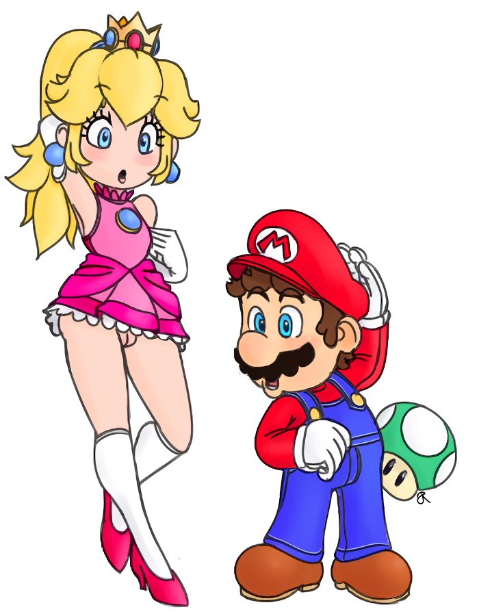 1boy 1girls blonde_hair blue_eyes brown_hair crown dress earrings eyebrows_visible_through_hair eyelashes gloves hat heels larger_female long_hair mario mario_(series) moustache mushroom nintendo no_panties open_mouth overalls princess_peach rasenxoru size_difference super_mario_bros. transparent_background white_gloves white_socks