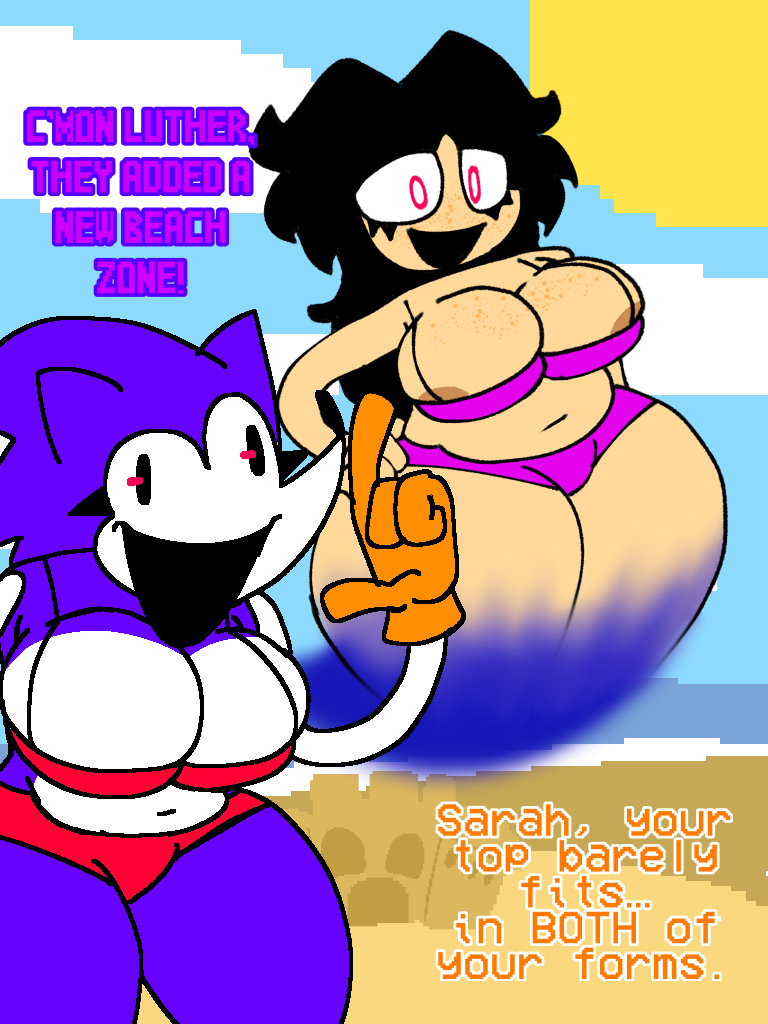 anthro beach breasts clothes_barely_holding dialogue luther_(needlemouse) needlemouse_(character) needlemouse_(series) sarah_henderson_(needlemouse) scritdrawslewds text