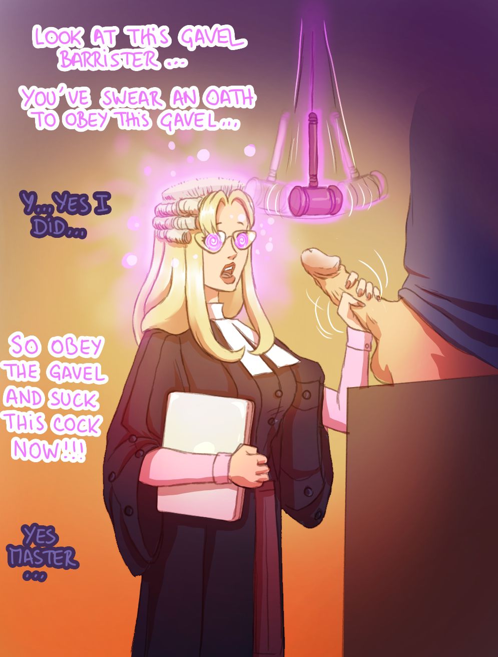 blonde_hair dazed femsub glasses hairmouser handjob hypnosis judge lawyer mind_control open_mouth pendulum spiral_eyes wig