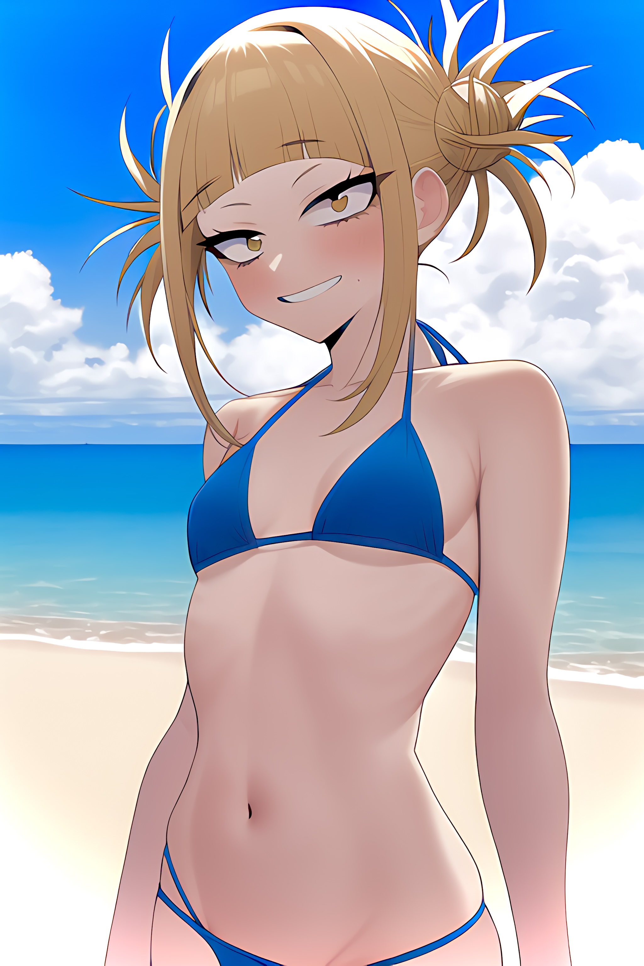 1girls, ai generated, beach, bikini, blonde hair, blush, breasts, double bun, eye contact, female, female focus, female only, flat chest, flat chested, himiko toga, looking at viewer, my hero academia, nai diffusion, small breasts, smile, solo, stable diffusion, standing, upper body, yellow eyes