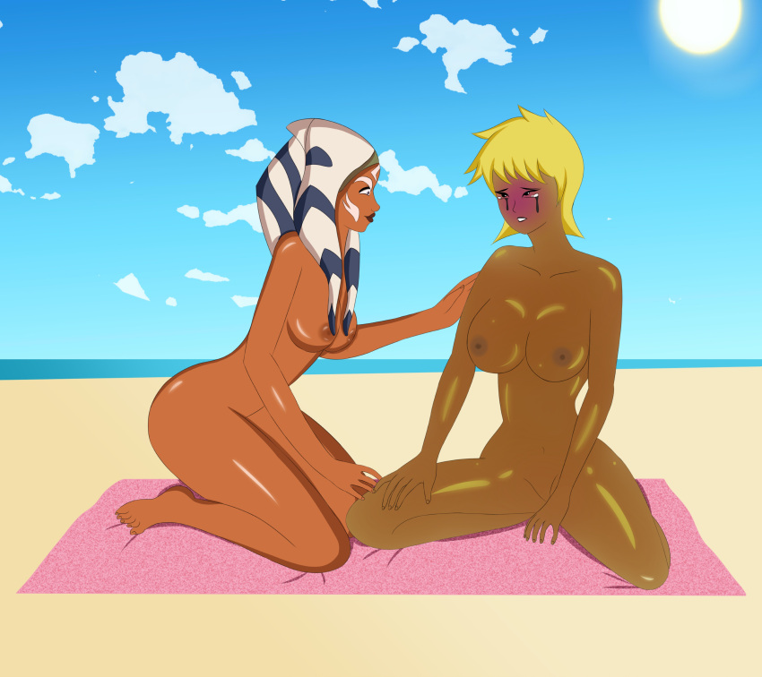 2girls ahsoka_tano alien_girl alternate_skin_color anoneysnufftan asphyxiation bare_breasts barefoot beach beach_towel blackwashed brown_nipples clone_wars cloud completely_nude completely_nude_female crossover crying dark-skinned_female dead death execution female_focus female_only higher_resolution_available interspecies karmic_justice katnappe killer_lotion kneel makeup_running mascara_tears navel nude_female on_knees orange_skin punishment sand sea short_blonde_hair sky star_wars star_wars_rebels sun toes togruta xiaolin_showdown