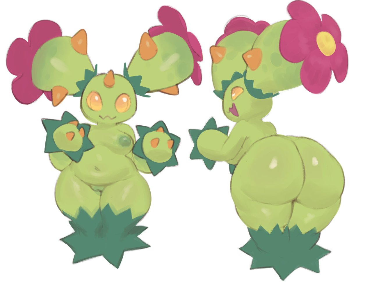 2022 :3 ass big_butt elemental_creature female female_only flora_fauna front_view generation_5_pokemon genitals green_body green_nipples hibiscusemote k maractus moba_(artist) nintendo nipples not_furry nude plant pokemon pokemon_(species) pussy rear_view simple_background slightly_chubby solo video_games white_background yellow_eyes