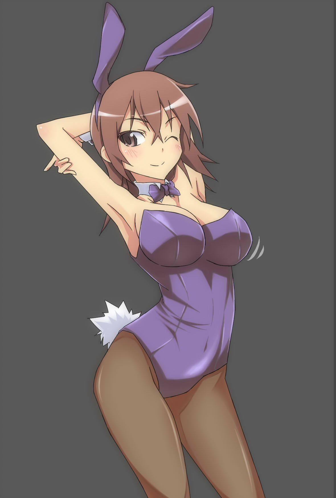 10s 1girls 2011 animal_ears arched_back armpits breasts brown_eyes brown_hair cleavage covered_navel fake_animal_ears female fishnet_pantyhose fishnets grey_background hi_res large_breasts matching_hair/eyes mature mature_female milf misaka_misuzu one_eye_closed pantyhose pinky_out playboy_bunny rabbit_ears rabbit_tail short_hair solo standing tail to_aru_kagaku_no_railgun to_aru_majutsu_no_index touryou wink wrist_cuffs