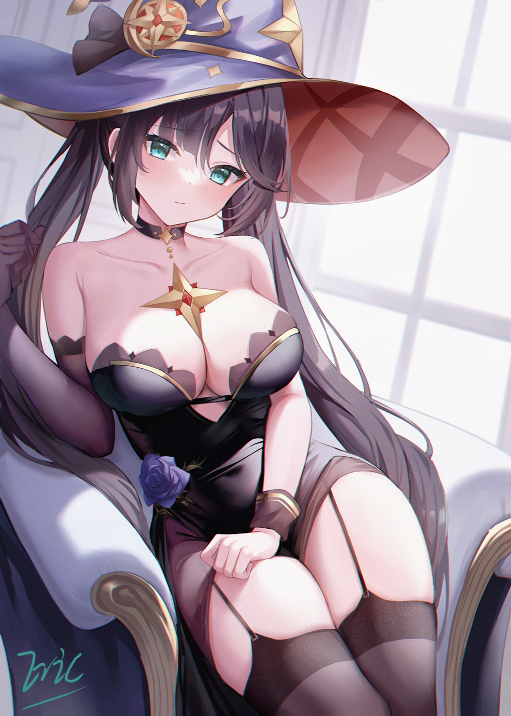 1girls, alternate breast size, aqua eyes, artist signature, black hair, blush, breasts, cleavage, eric (tianqijiang), female, garter straps, genshin impact, hat, hips, large breasts, large hat, light skin, light-skinned female, long hair, looking at viewer, mona (genshin impact), slim waist, thick thighs, thighhighs, thighs, twintails, wide hips, witch hat