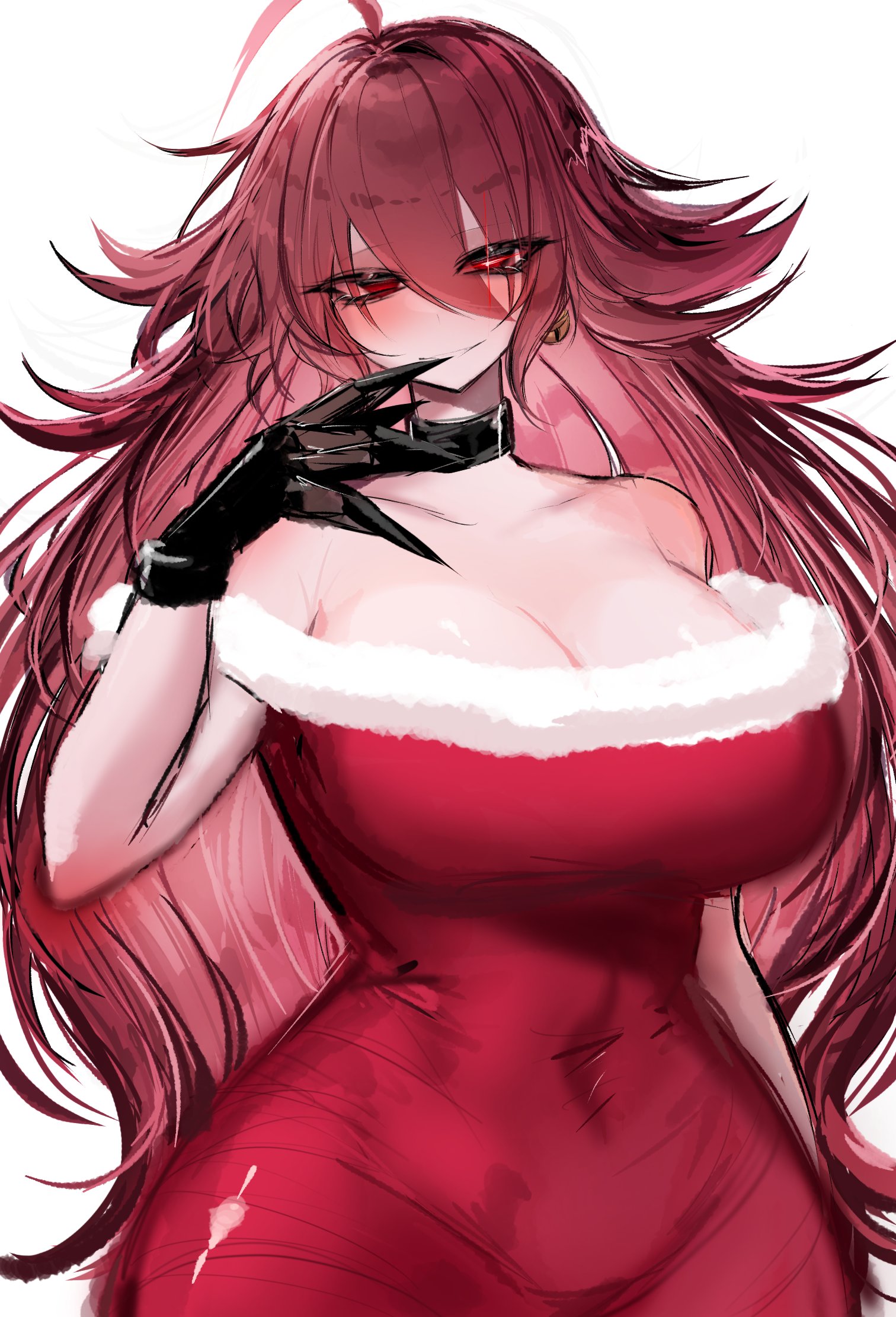 1girls, ahoge, big breasts, blush, breasts, christmas outfit, cleavage, collar, cowbell, curvy figure, female, friday night funkin, girlfriend (friday night funkin), gloves, glowing eyes, long hair, looking at viewer, red eyes, sharp claws, simple background, smile, solo, solo female, usa37107692, white background