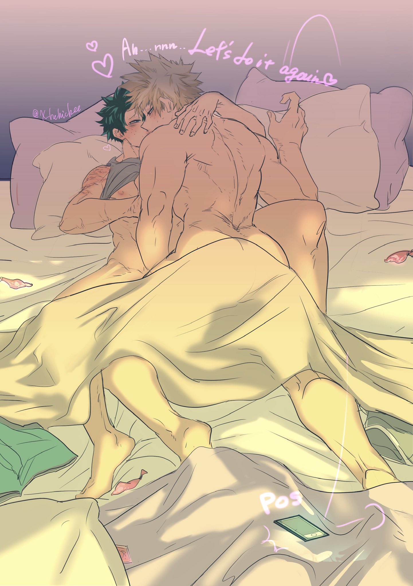 2boys, after sex, another round, blonde hair, condom, english text, filled condom, gay, green hair, izuku midoriya, katsuki bakugou, male, male only, male/male, midoriya izuku, missionary position, muscular, muscular male, my hero academia, on bed, sex, sheets, spiky hair, text, toned, toned male, used condom, x hchicbee, yaoi