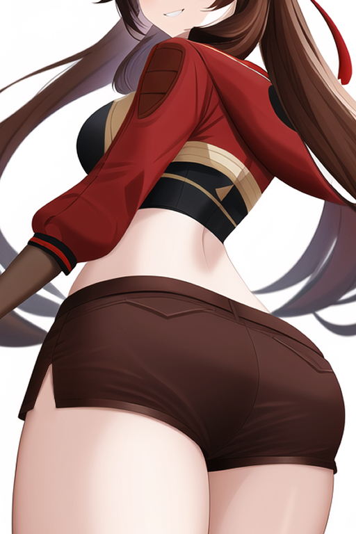 1girls, ai generated, amber (genshin impact), ass, ass focus, breasts, brown hair, denim, denim shorts, female, from behind, genshin impact, gloves, grin, huge ass, light skin, light-skinned female, long hair, nai diffusion, shiny, shiny hair, short shorts, shorts, sideboob, smile, solo, stable diffusion, thick thighs, very long hair