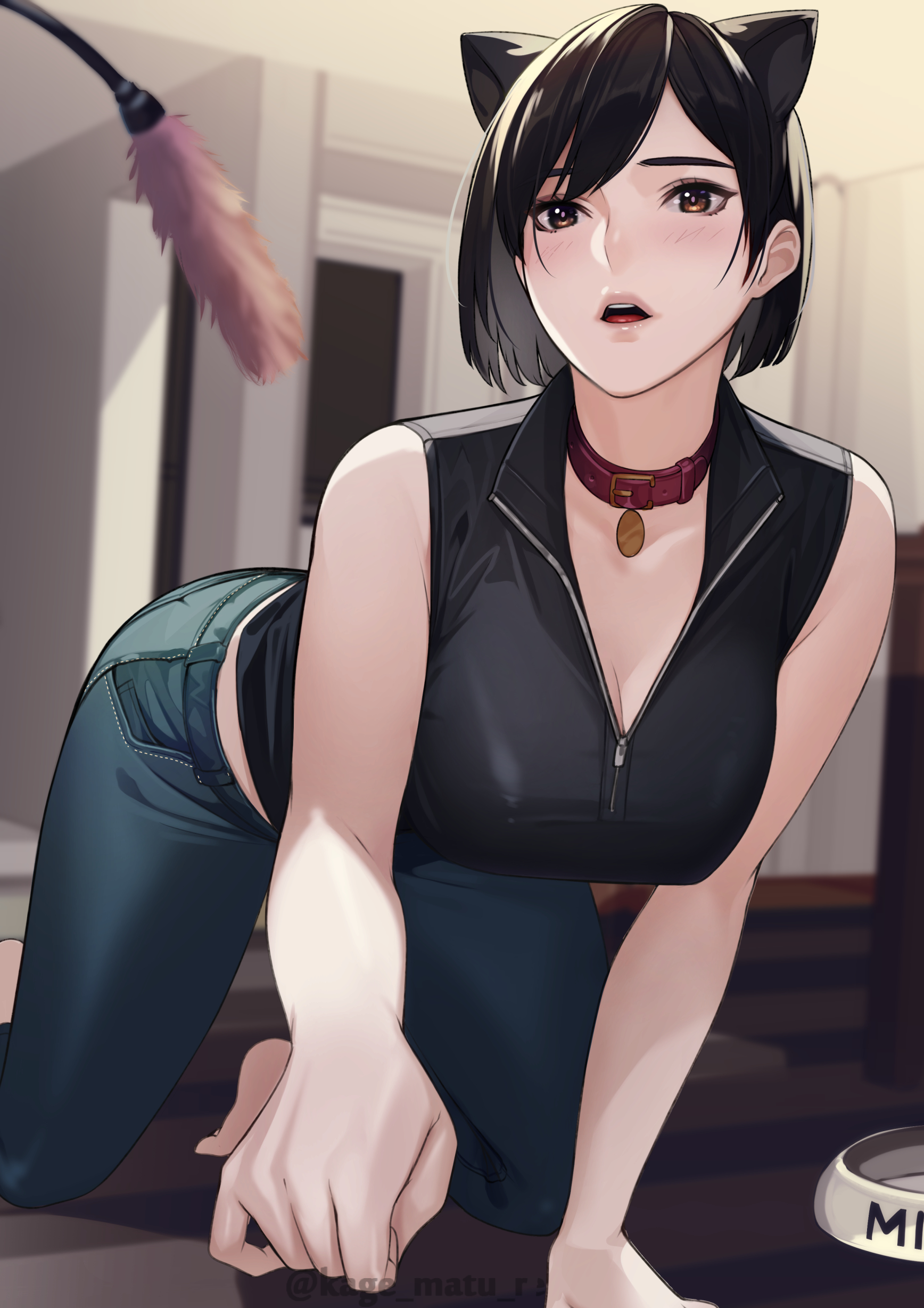 1girls, absurdres, all fours, animal ears, black hair, black shirt, blue pants, blush, breasts, brown eyes, cat ears, collar, collared shirt, denim, female, female focus, highres, indoors, jeans, kagematsuri, large breasts, open mouth, original, pants, red collar, shirt, sleeveless, sleeveless shirt, solo focus