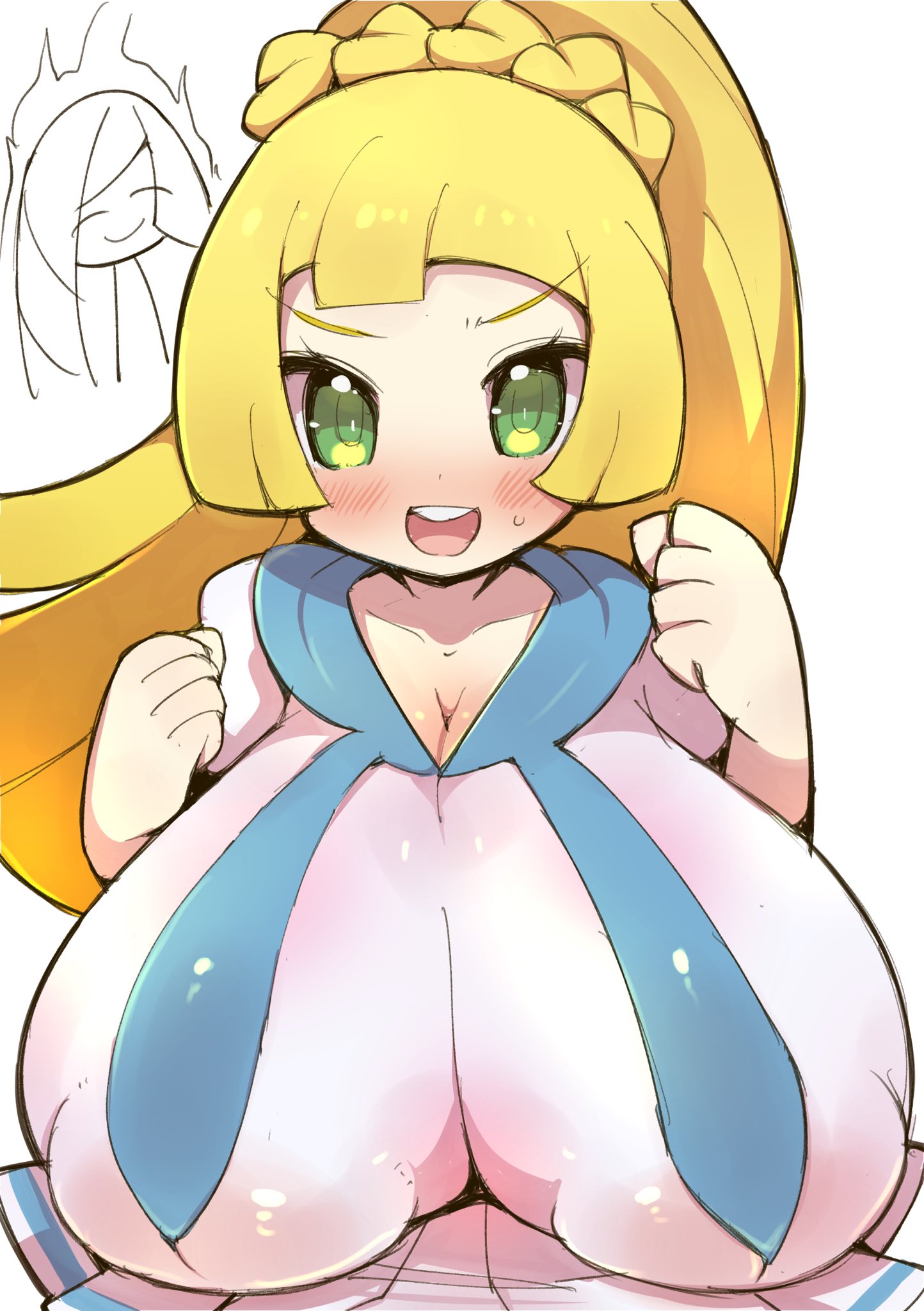 2girls, big breasts, blonde hair, blush, breasts, clothed female, eye contact, female, female only, fully clothed, game freak, green eyes, huge breasts, lillie (pokemon), looking at viewer, lusamine (pokemon), nekoyuu, nintendo, nipple bulge, pokemon, pokemon (game), pokemon sm, skirt, upper body