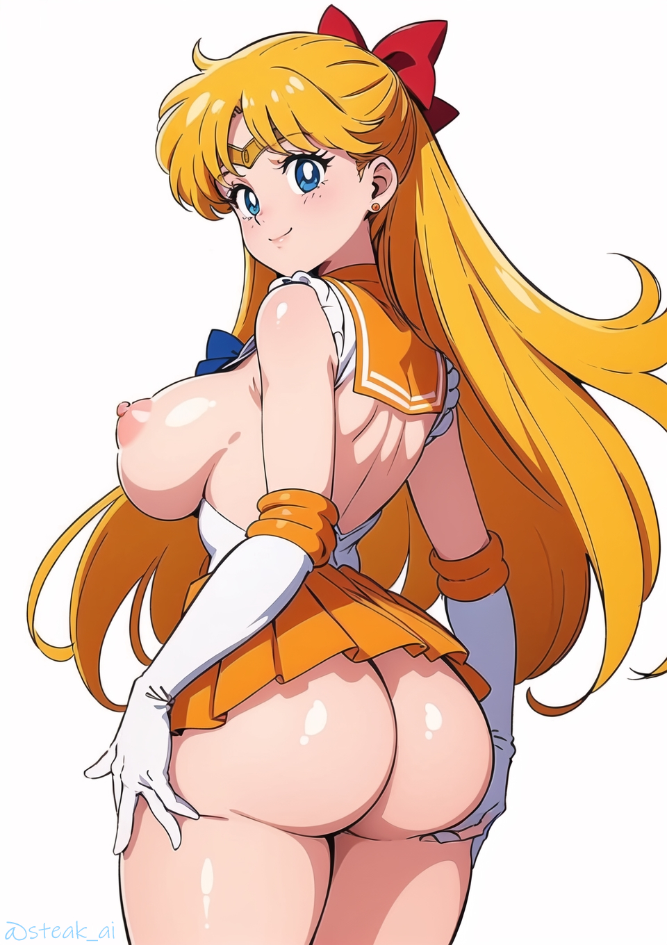 ai generated, ass, bishoujo senshi sailor moon, blonde hair, bow, breasts, clothing, female, medium breasts, minako aino, nipples, sailor venus, skirt, steak ai