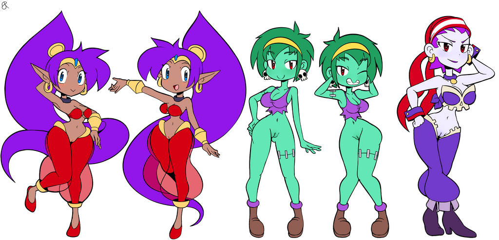 3girls belly_dancer blue_eyes boots bottomless earrings female female_only green_hair green_skin headband long_hair long_ponytail multiple_girls open_mouth pirate pointy_ears ponytail purple_hair purple_skin pussy rasenxoru red_eyes risky_boots rottytops shantae shantae_(character) short_hair skull_earrings smile straight_hair tan_skin tank_top transparent_background very_long_hair wide_hips zombie