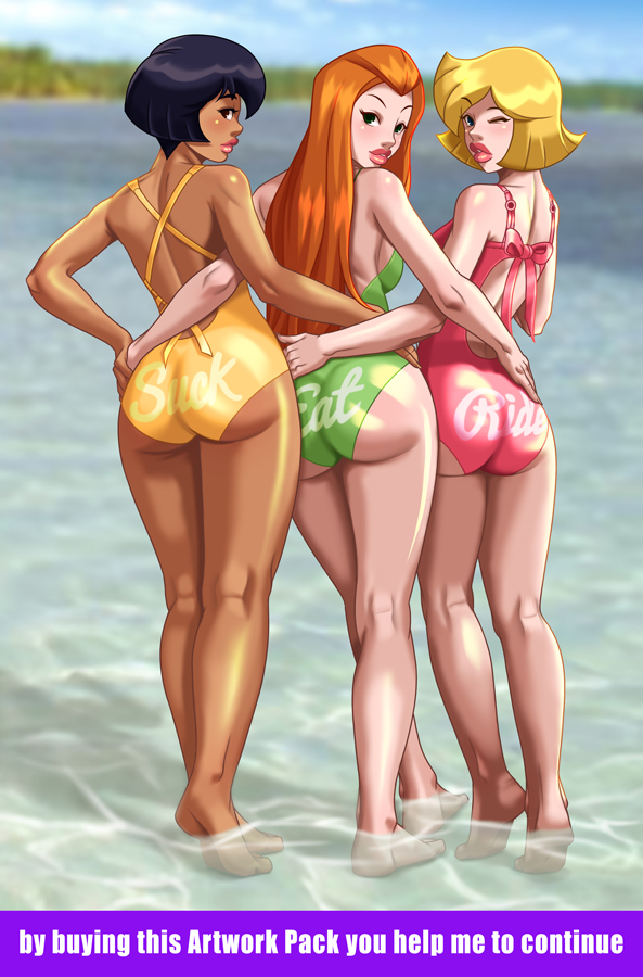 3girls alex_(totally_spies) ass beach black_hair blonde_hair blue_eyes brown_eyes bubble_butt clover_(totally_spies) dark_skin green_eyes hazel_eyes human large_breasts latina long_hair looking_at_viewer looking_back medium_hair one-piece_swimsuit orange_hair pale_skin rear_view redhead sam_(totally_spies) seaside short_hair swimsuit thick_thighs totally_spies trio voluptuous xkorner yellow_eyes