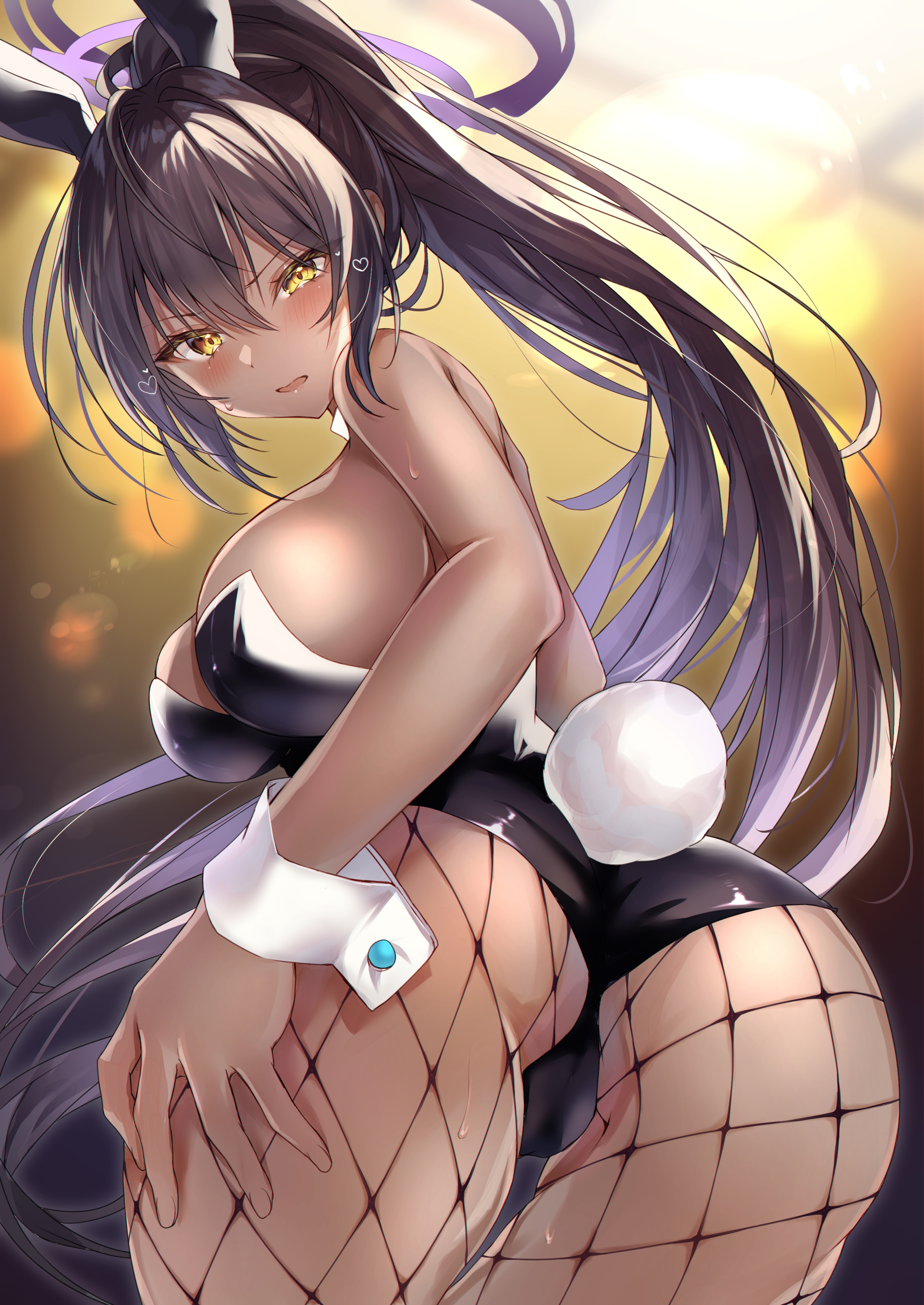 1girls, artist request, ass, black hair, black leotard, blue archive, blush, breasts, brown skin, bunny ears, bunny girl, bunny tail, bunnysuit, dark skin, dark-skinned female, embarrassed, female, fishnets, grabbing own ass, halo, hi res, highleg leotard, hips, huge ass, huge breasts, karin (blue archive), karin (bunny) (blue archive), leotard, long hair, reaching back, slim waist, thick thighs, thighs, wide hips, yellow eyes