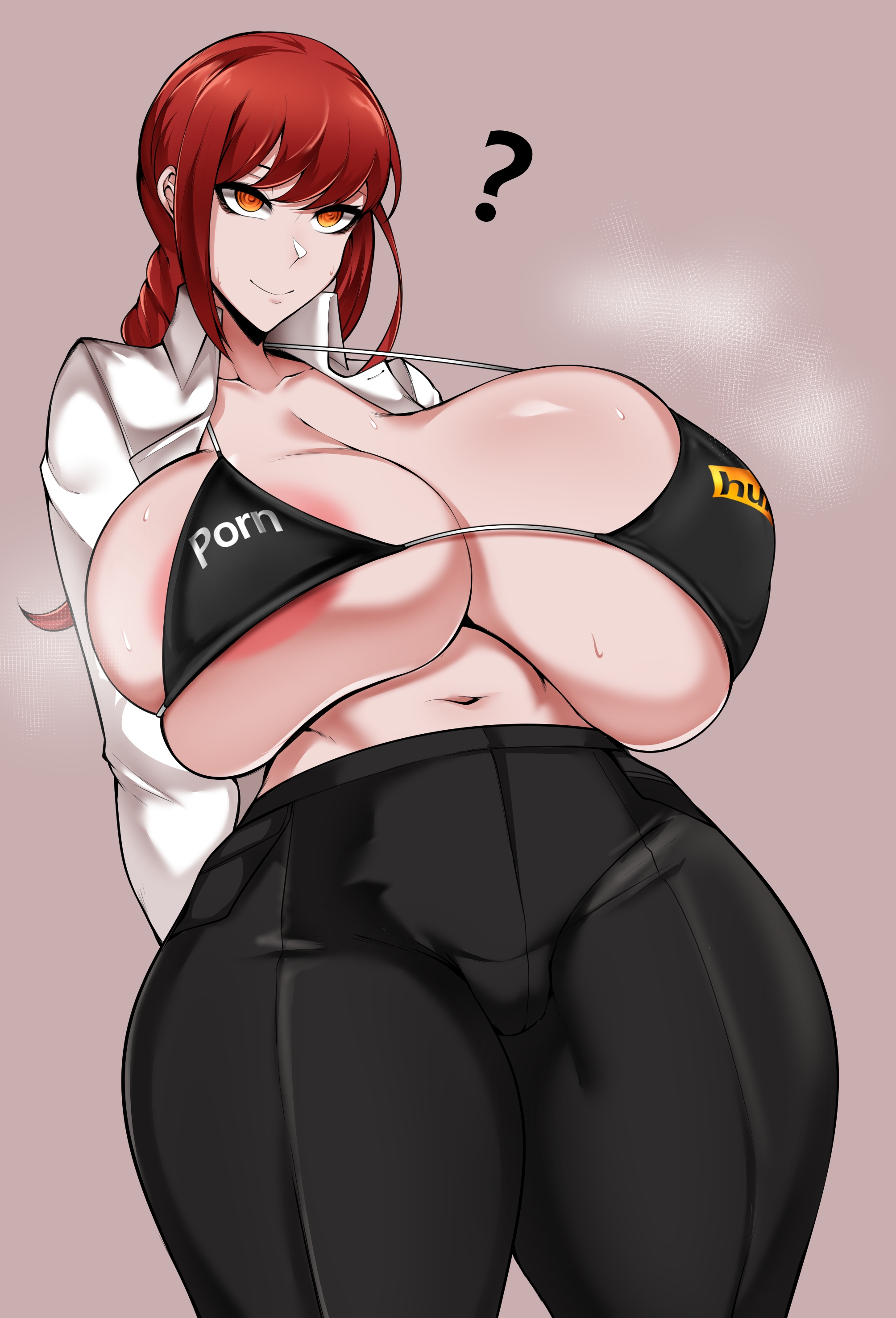 1girls, alternate breast size, bikini, black bikini, braided hair, breasts, chainsaw man, female, hi res, hips, huge breasts, long hair, looking at viewer, makima (chainsaw man), massive breasts, owner (artist), pornhub, pornhub bra, red hair, smile, thick thighs, thighs, wide hips, yellow eyes