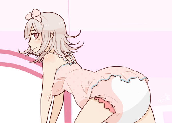 1girls all_fours breasts chiakinanami1037 danganronpa danganronpa_2:_goodbye_despair diaper diaper_under_clothing dress hairband large_breasts looking_back medium_hair nanami_chiaki pink_dress pink_eyes pink_hair short_dress straight_hair