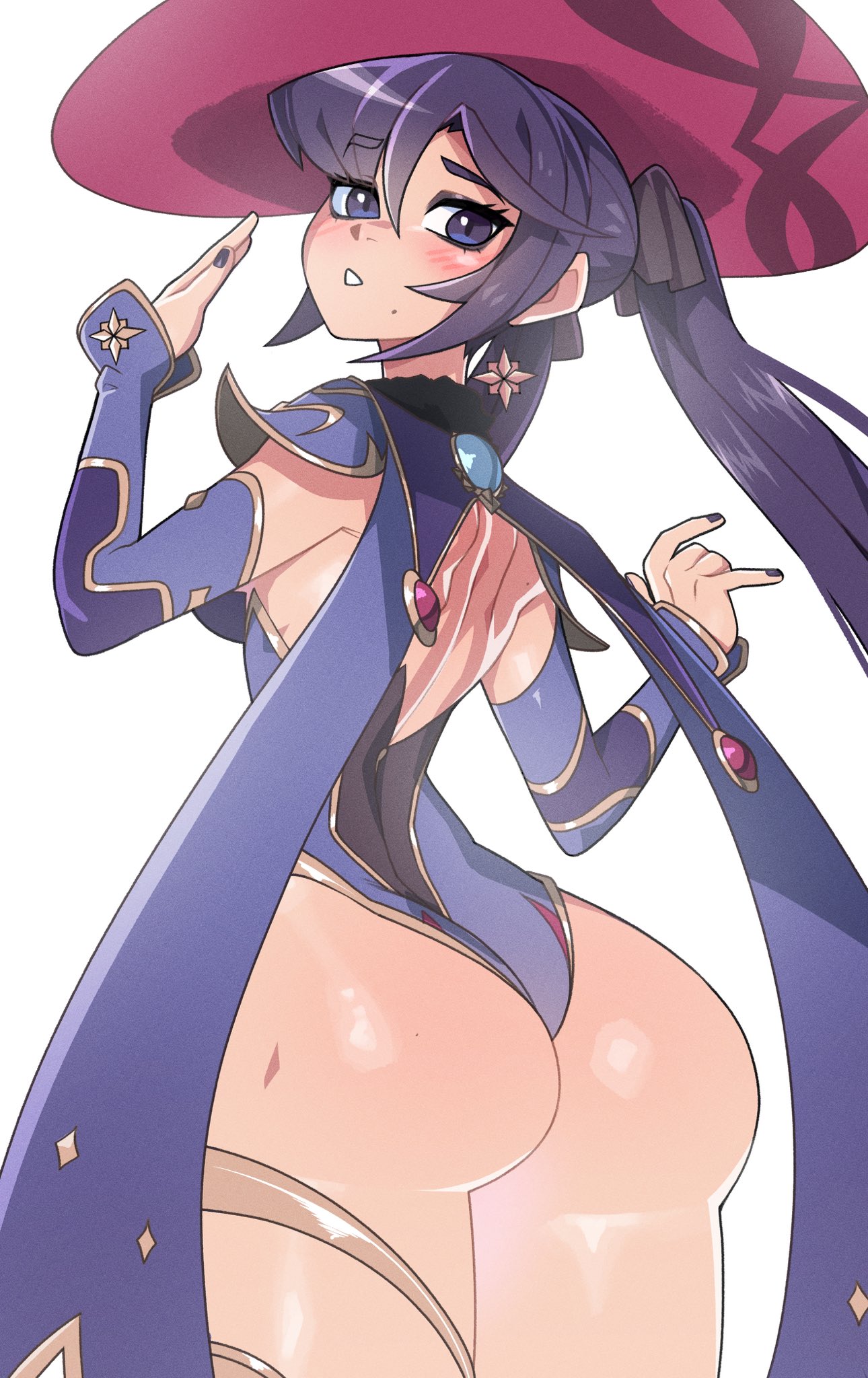 1girls, armwear, ass, ass focus, bare legs, big ass, blush, clothing, dark blue eyes, fat ass, female, female only, genshin impact, hat, headwear, huge ass, large ass, leotard, minicop2001, mole, mole under mouth, mona (genshin impact), nail polish, nails, purple hair, solo, solo female, thick thighs, thighs, twintails, witch hat