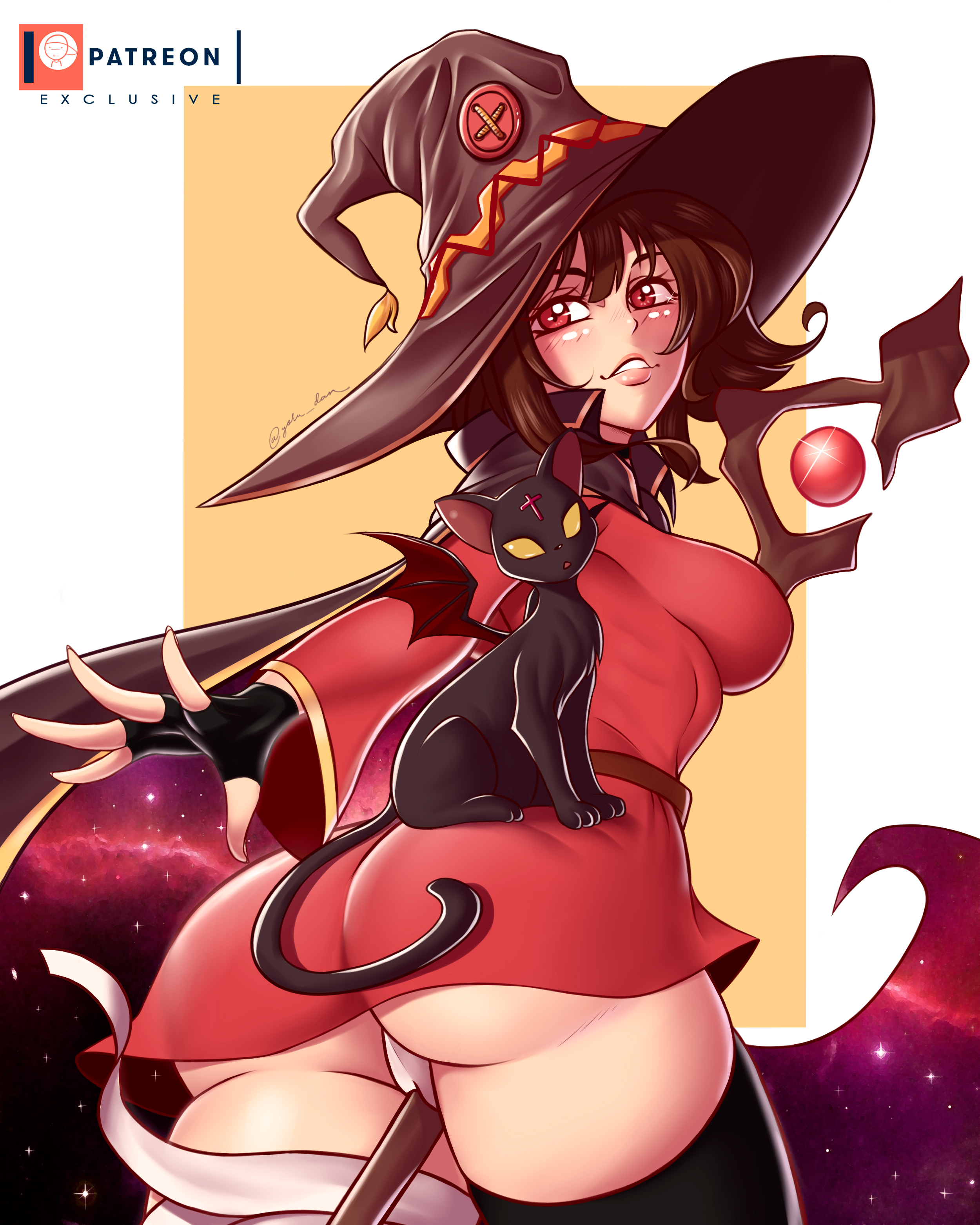 1girls, ass, big ass, breasts, brown hair, female, female focus, female only, fingerless gloves, gloves, hat, kono subarashii sekai ni shukufuku wo!, legwear, megumin, panties, red eyes, sideboob, thick thighs, thighs, witch hat, yoru dan