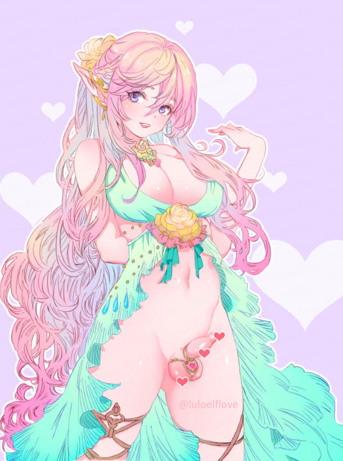 1futa, balls, big breasts, bottomless, breasts, clothed, clothing, curvy, curvy body, curvy figure, dress, dress up, elf, erection, foreskin, futa only, futanari, genital piercing, hips, human, intersex, jewelry, legs, light skin, light-skinned futa, long hair, looking at viewer, luloelflove, micropenis, mostly clothed, multicolored hair, partially submerged, penis, pink hair, pose, posing, purple eyes, small penis, small penis futa, solo, standing, thighs, uncircumcised, uncut