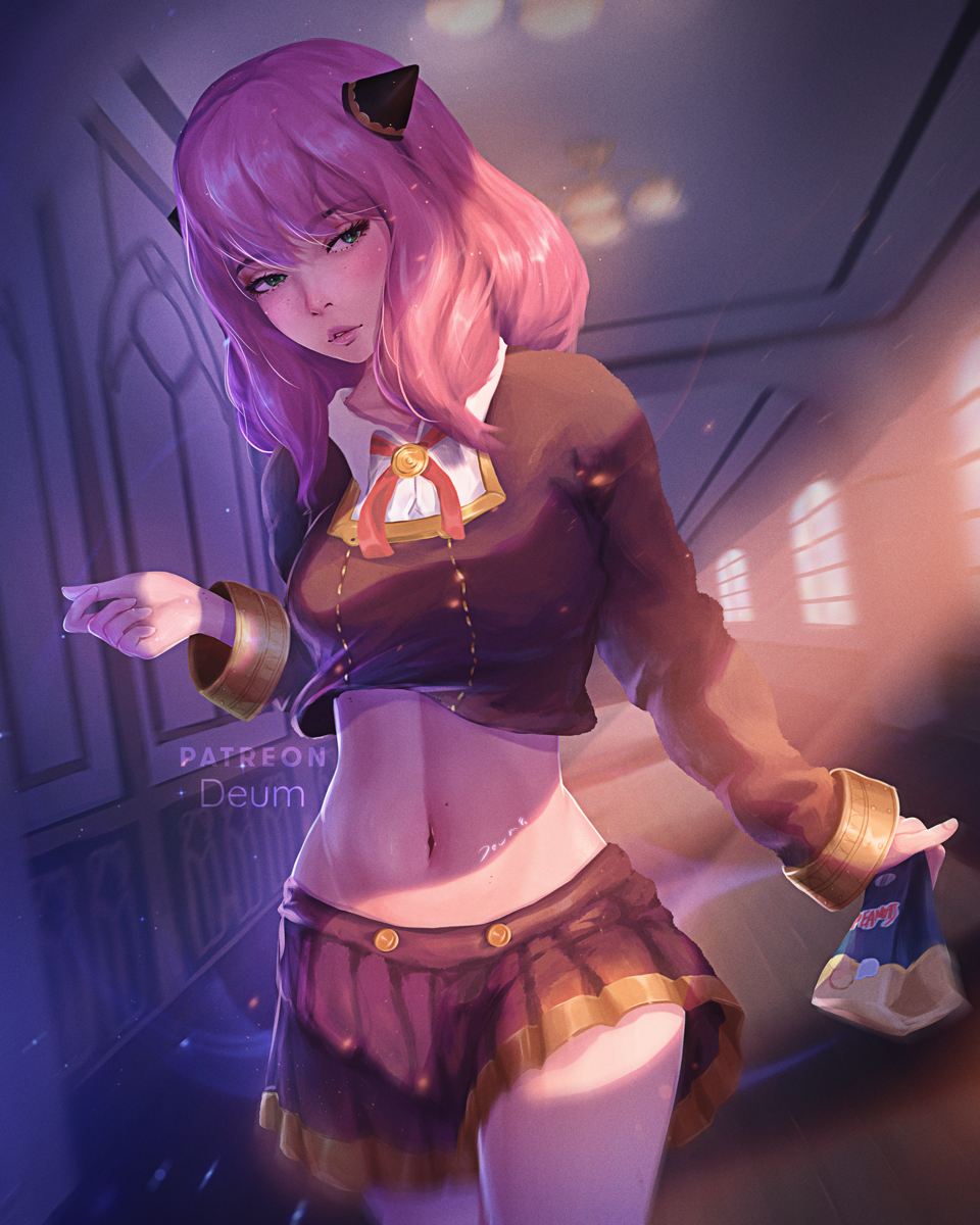 1girls, aged up, anya forger, clothed female, deum (artist), female, female focus, female only, fully clothed, green eyes, midriff, miniskirt, pink hair, schoolgirl, short hair, skirt, solo, spy x family, standing, thick thighs, thighs