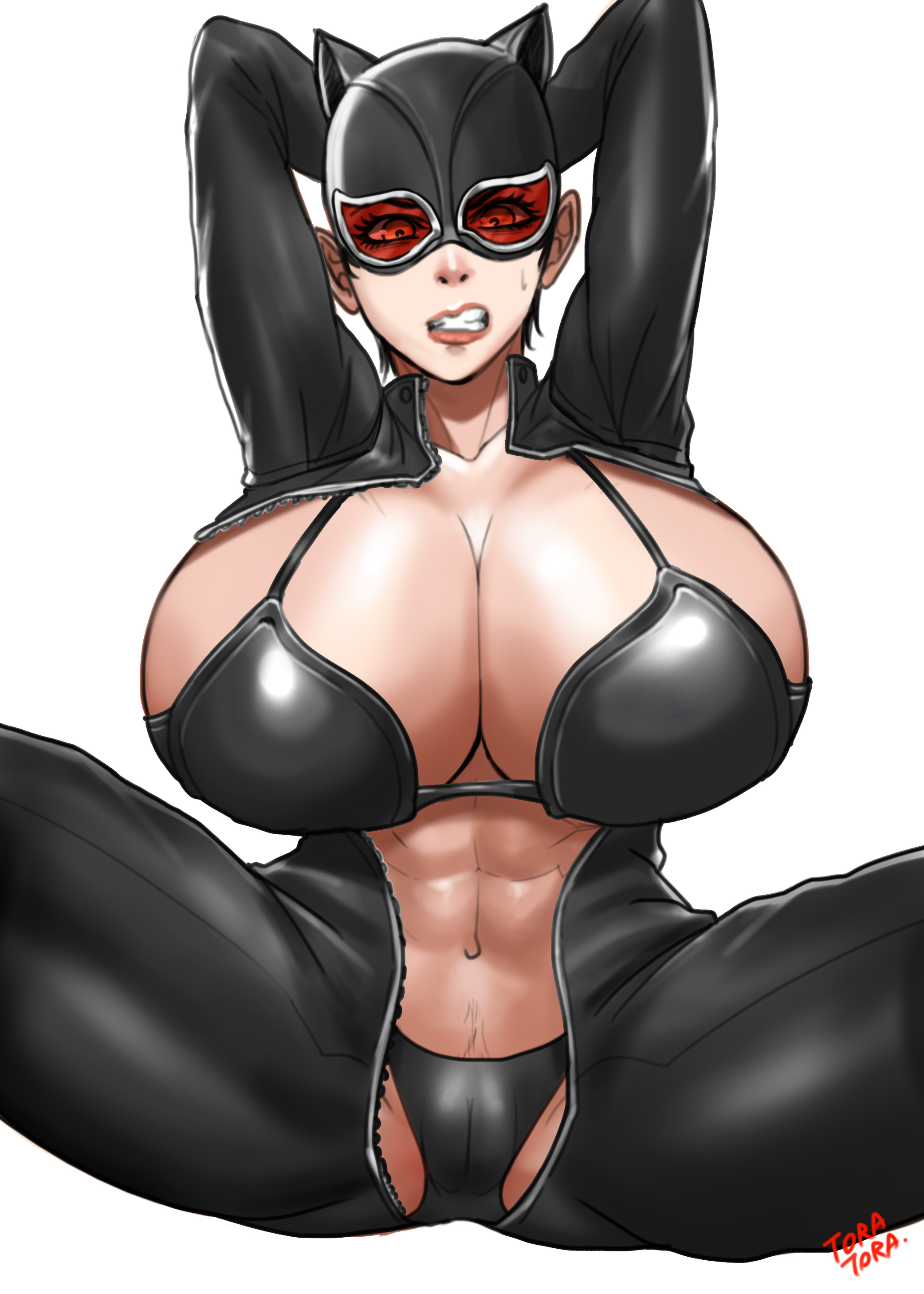 1girls, 2022, abs, arms behind head, batman (series), big breasts, blush, bra, breasts, cameltoe, captured, catwoman, cleavage, dc, dc comics, female, female only, femsub, giant breasts, light skin, light-skinned female, panties, pubic hair, pubic hair peek, pussy, selina kyle, solo, solo female, solo focus, spread legs, sweat, thick thighs, tora tora