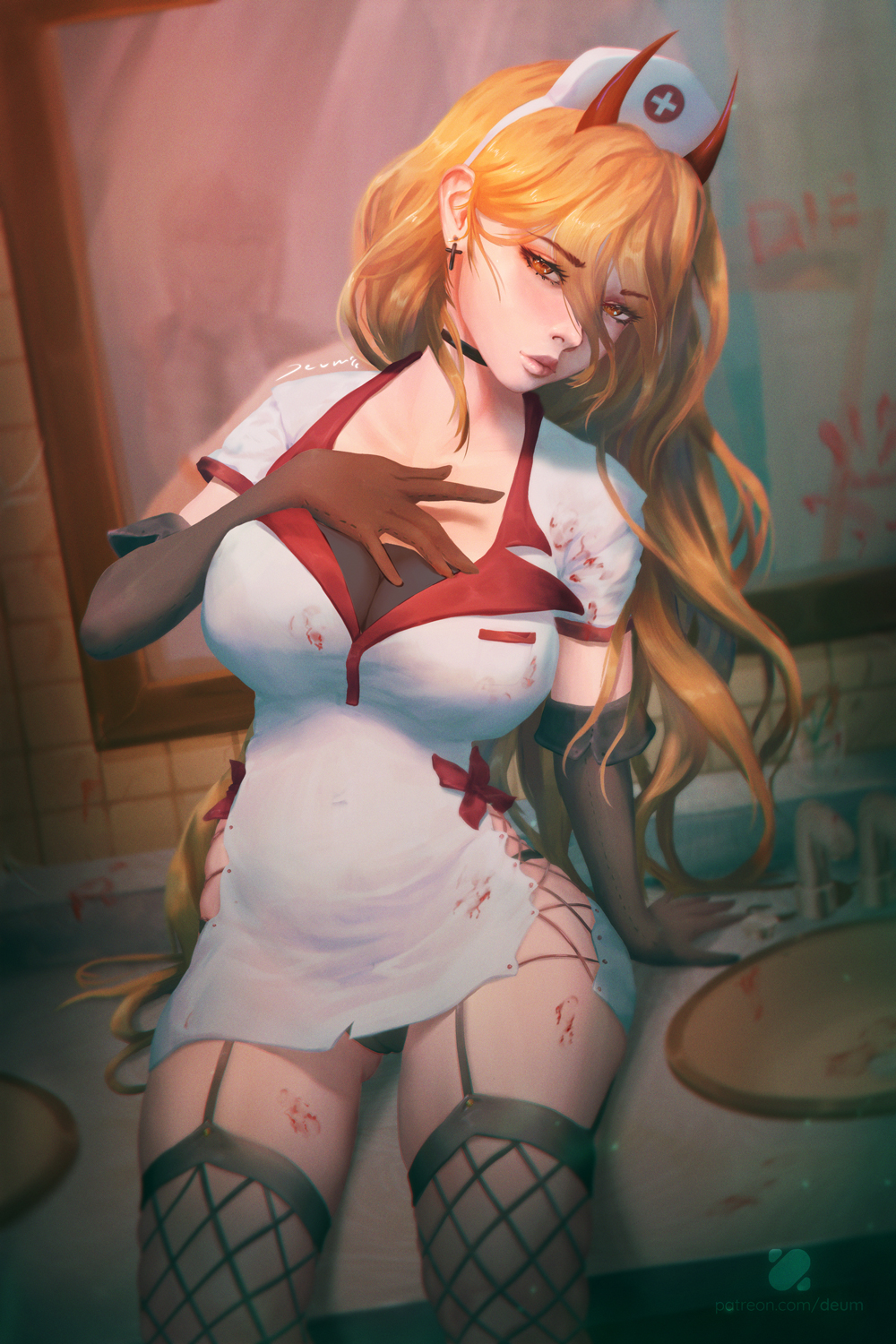 1girls, armwear, big breasts, blonde hair, blood, breasts, chainsaw man, demon, demon girl, demon horns, deum (artist), eye contact, female, female focus, female only, fishnet stockings, gloves, horns, legwear, long hair, looking at viewer, mappa, nurse, nurse cap, nurse uniform, orange eyes, power (chainsaw man), shounen jump, solo, thick thighs, thighhighs, thighs